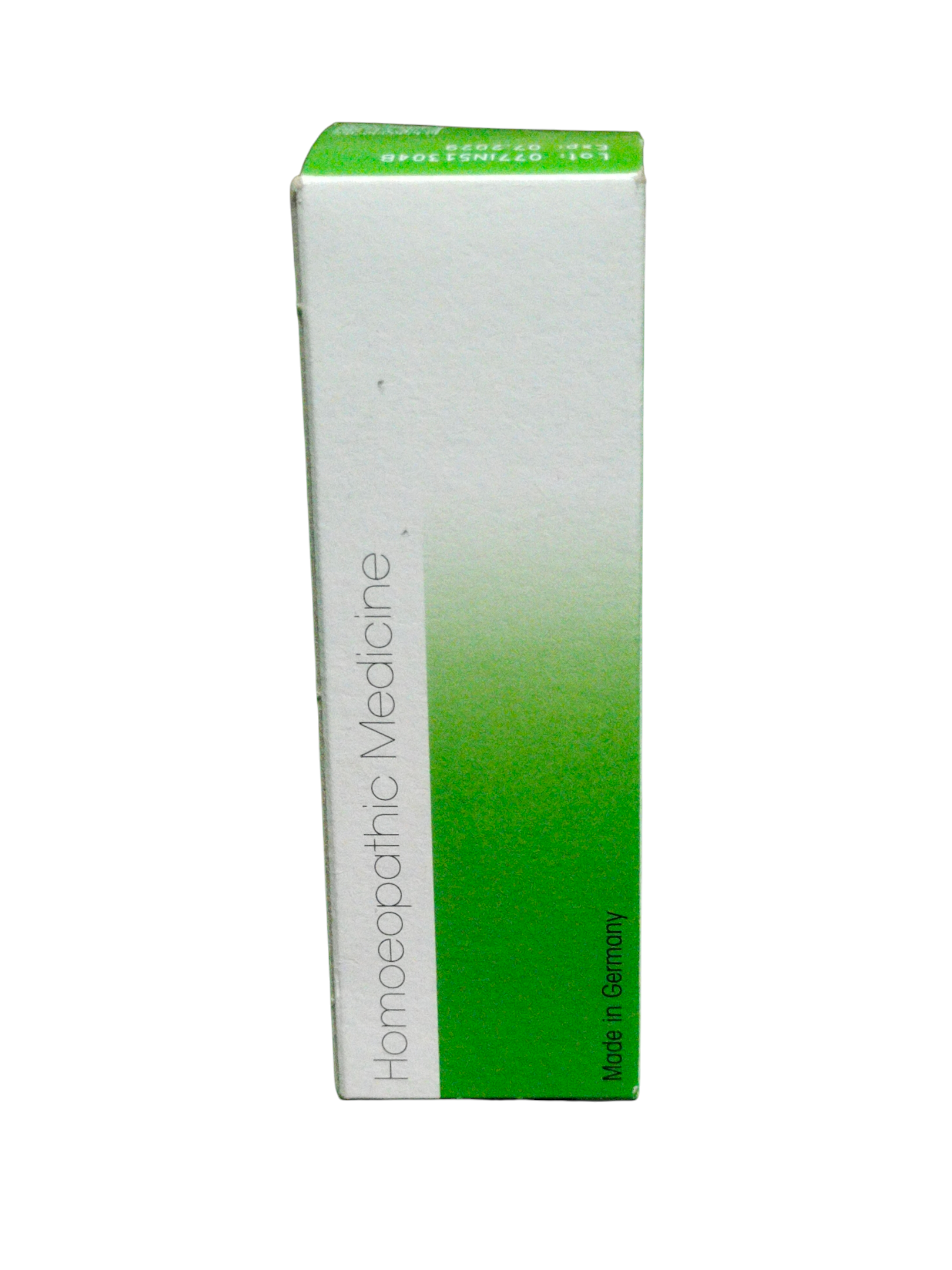 Homeopathic Medicine box with green and white design on a white background