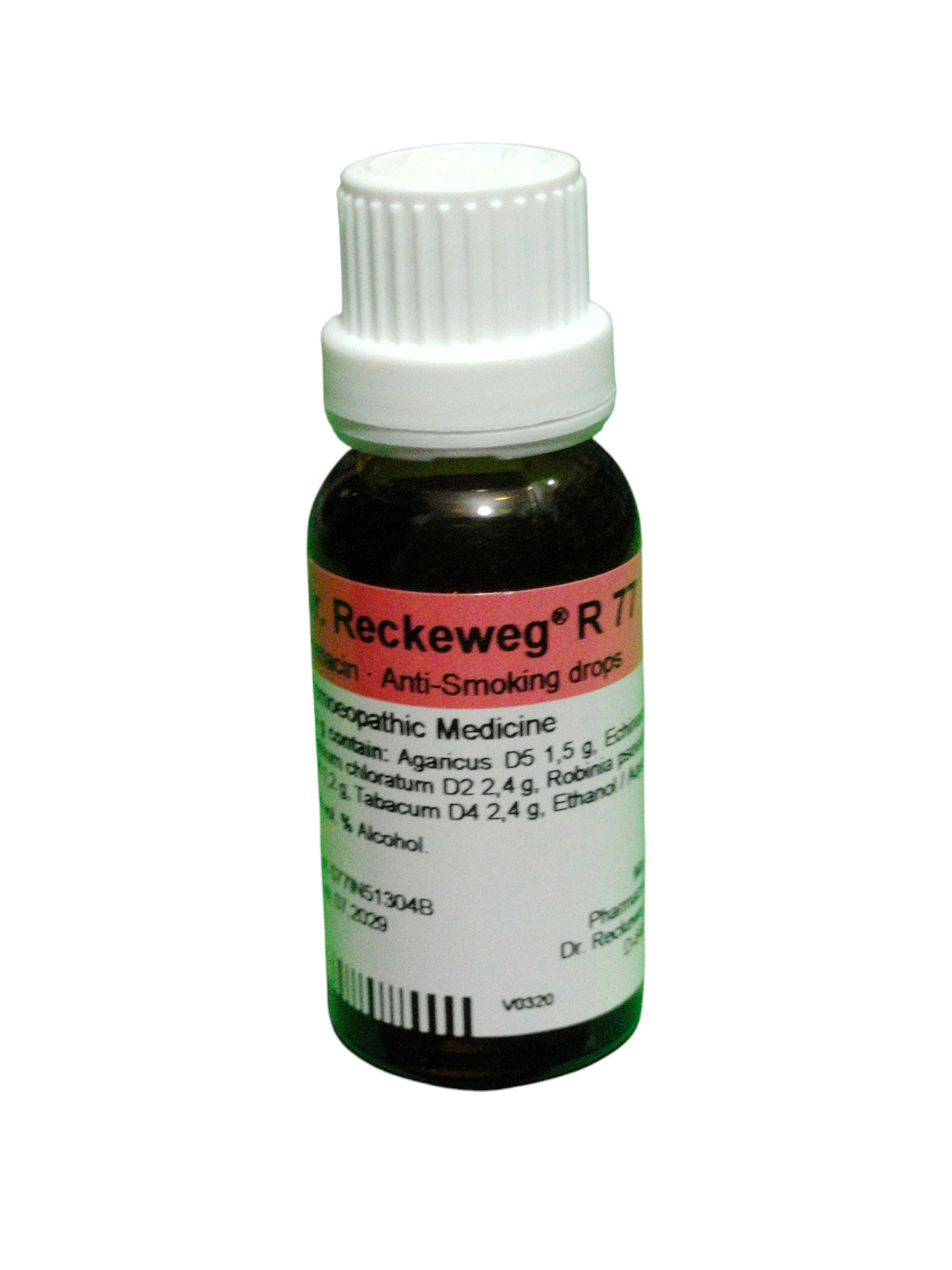 Bottle of Reckeweg R77 anti-smoking drops on a white background