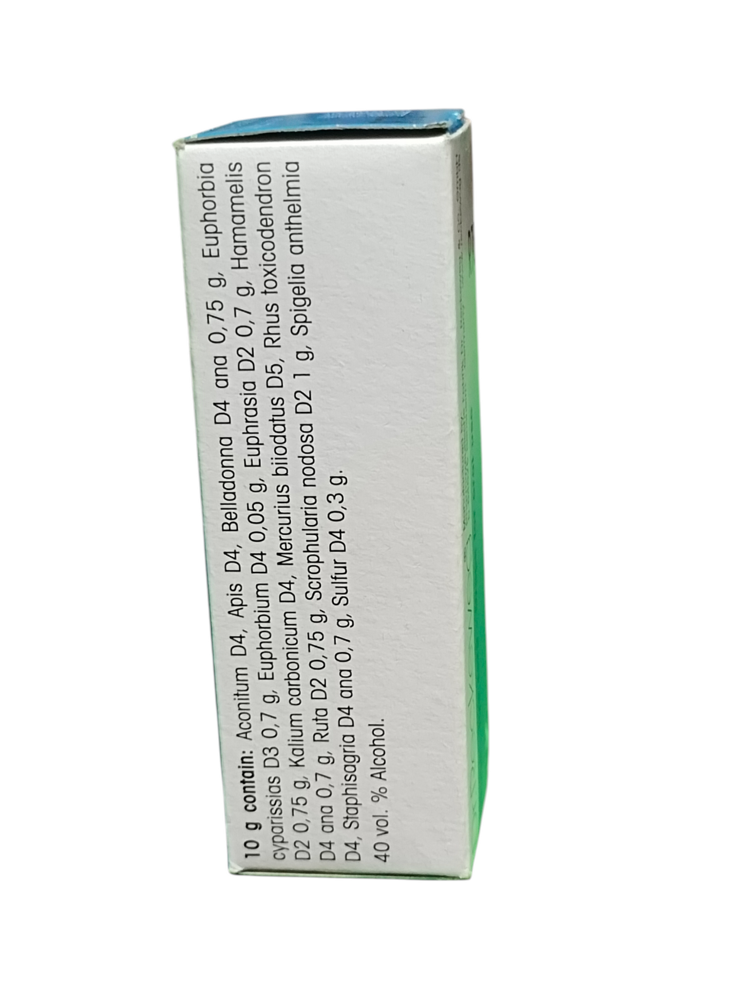 Back view of a green and white box with text on a white background