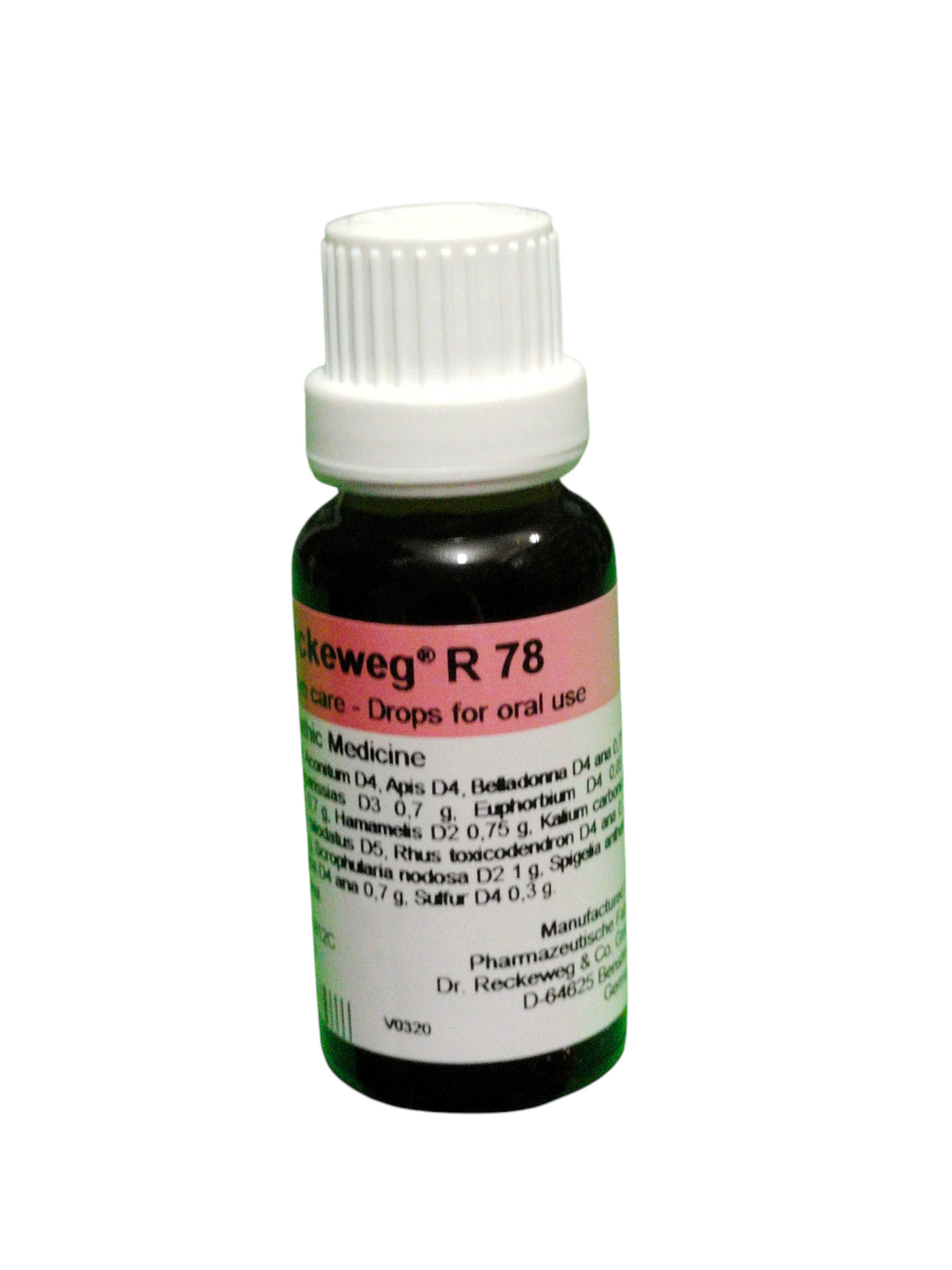 Bottle of Rckeweg R78 homeopathic medicine on a white background