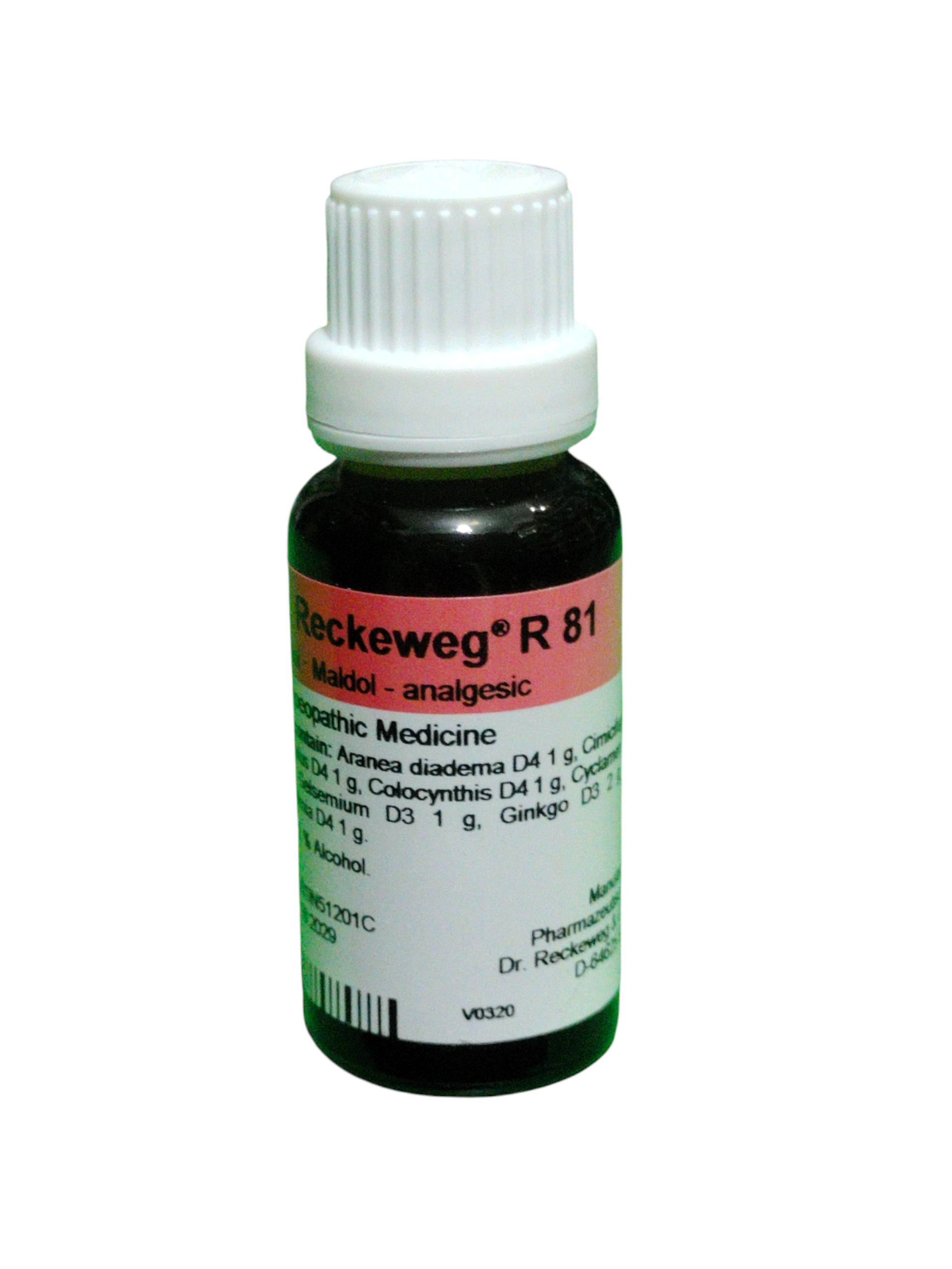 Bottle of R 81 medicinal preparation with a white cap on a white background