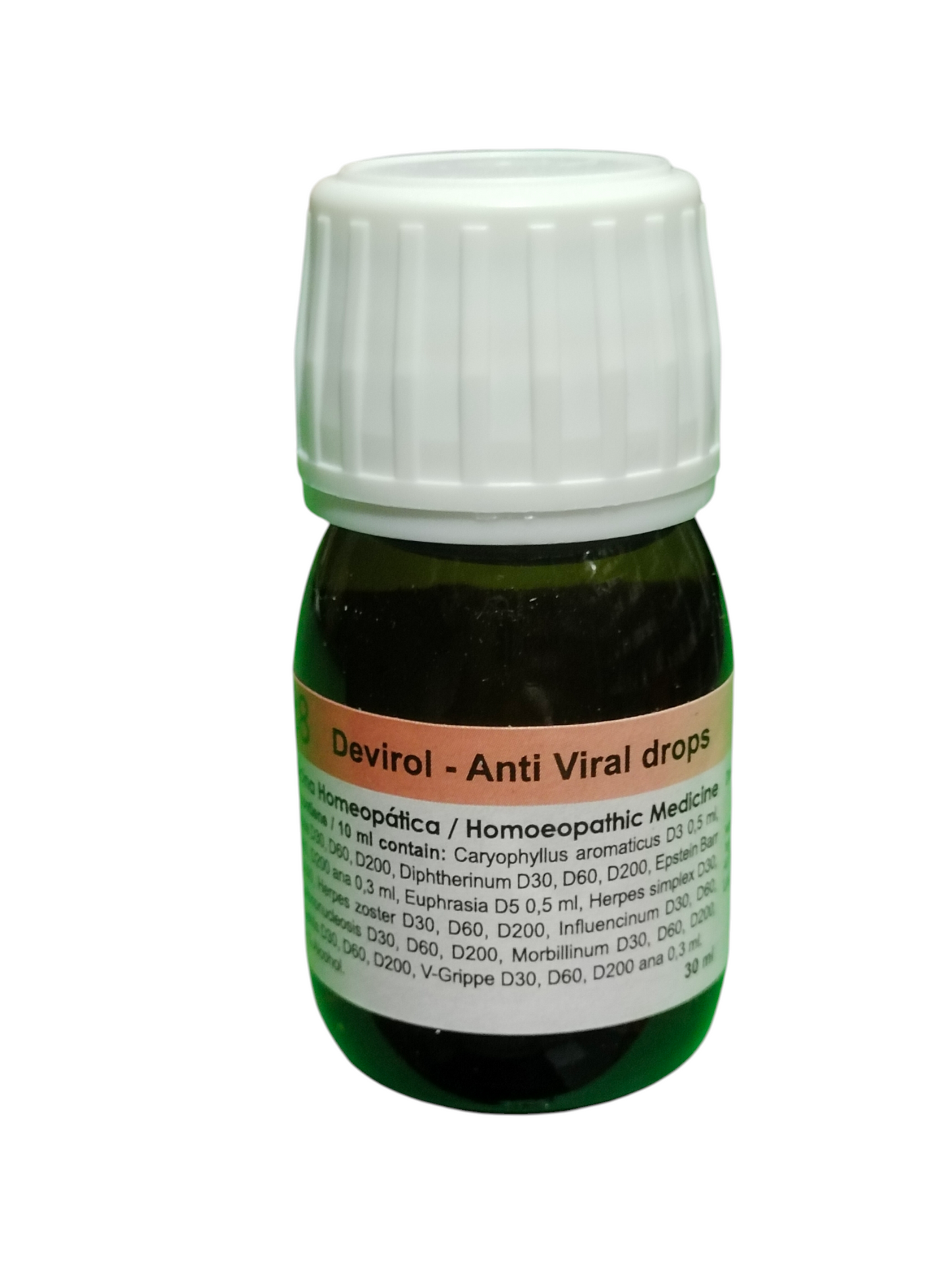 Bottle of Devirol Anti Viral drops R88 on a white background