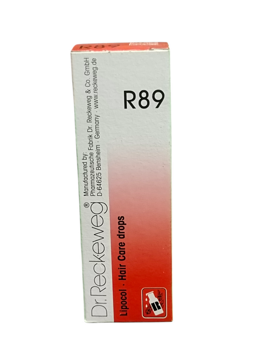 Box of Dr. Reckeweg R89 hair care drops on a white background