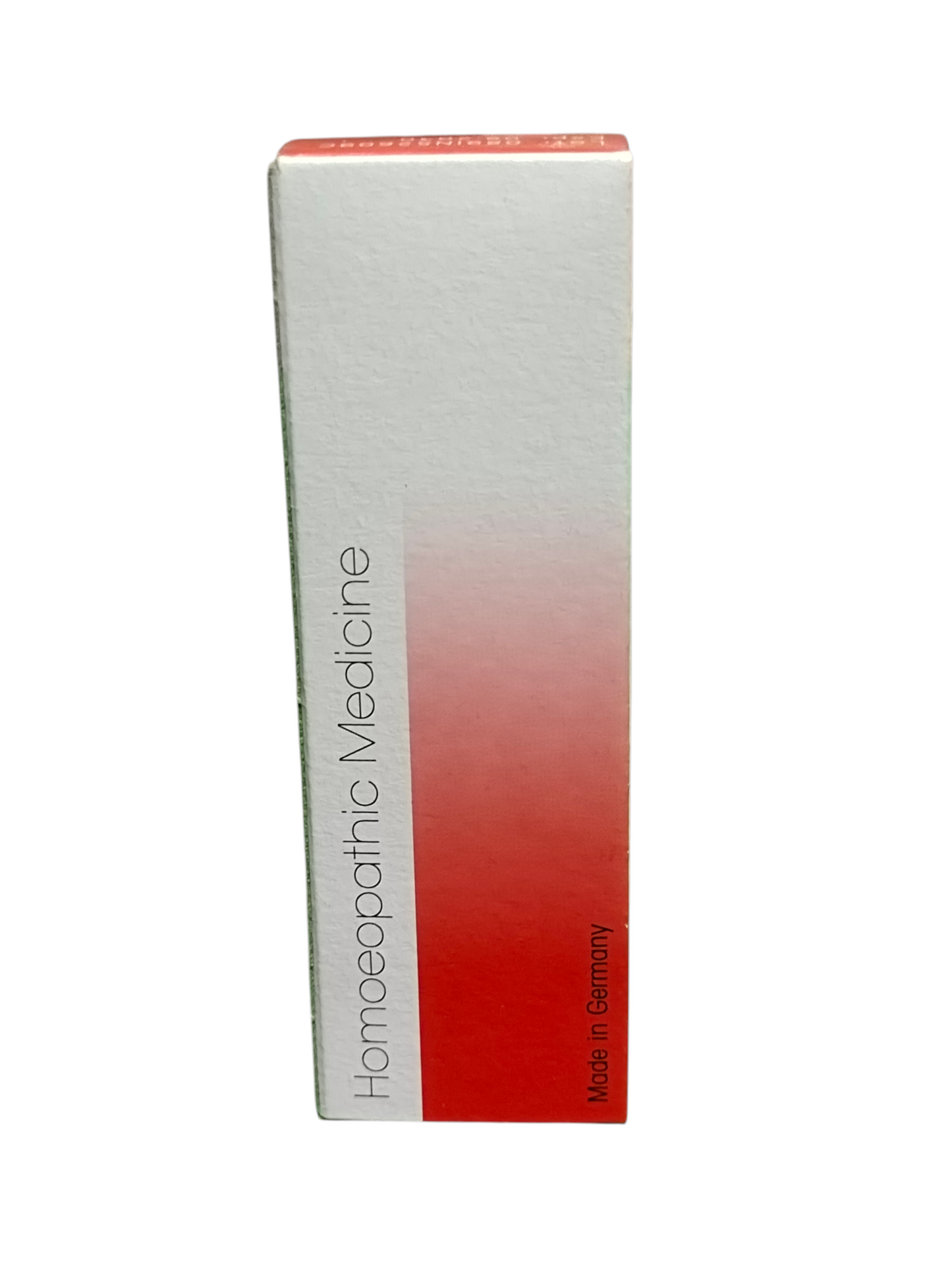 Box of homeopathic medicine with a red and white design on a white background