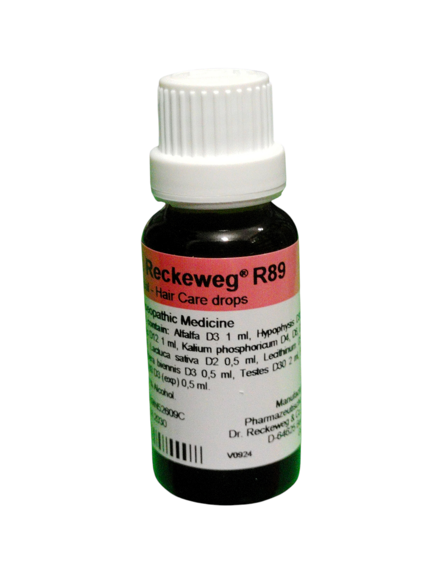 Bottle of Reckeweg R89 hair care drops on a white background