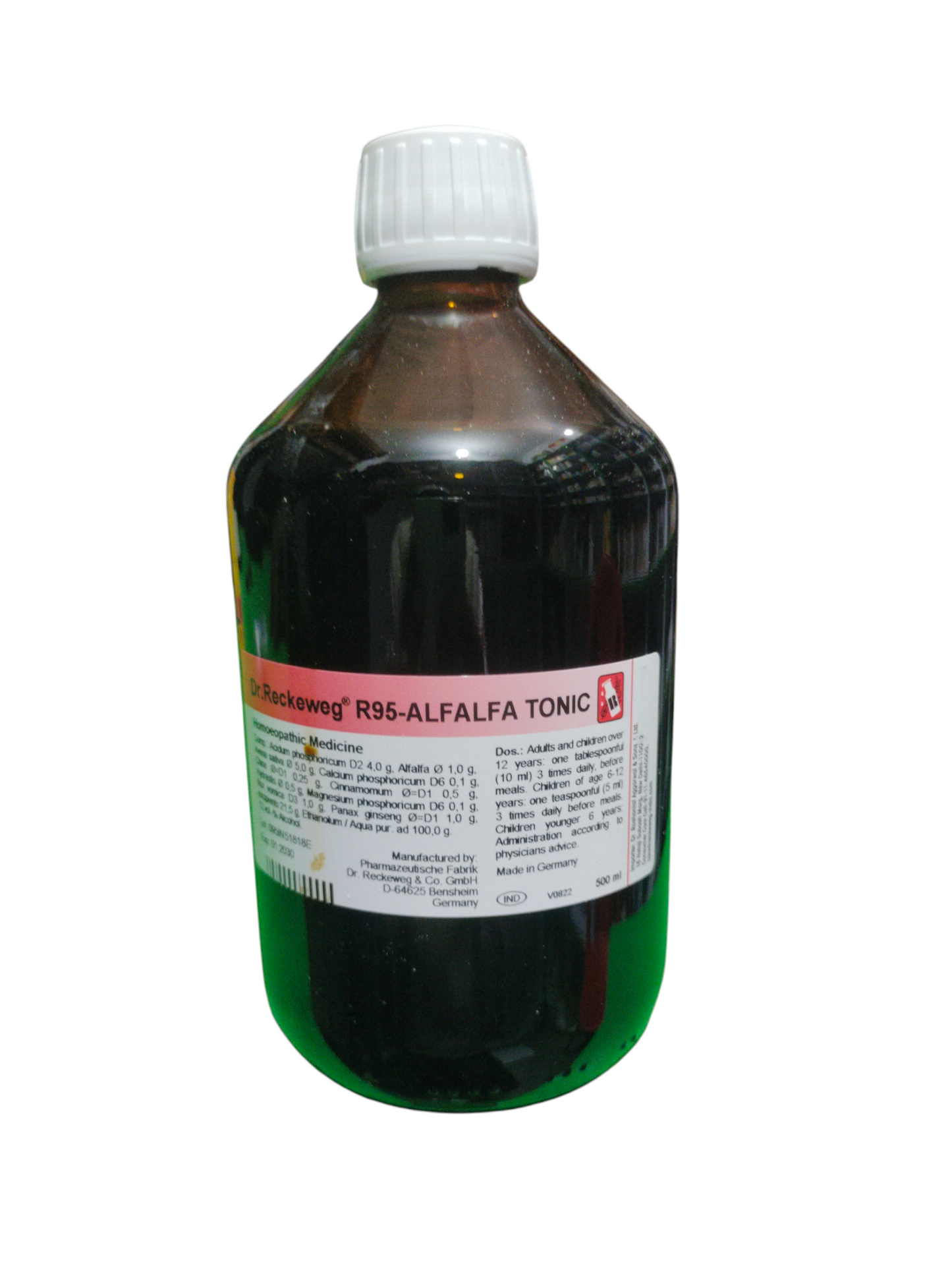 Bottle of Alfalfa Tonic R95 with a label on a white background