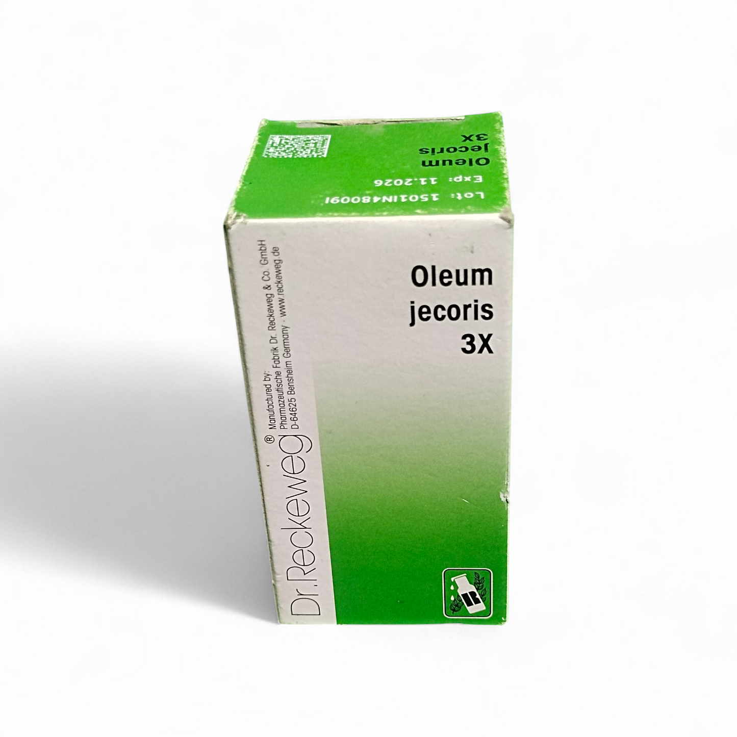 Box of Oleum jecoris 3X by Dr. Reckeweg on a white background