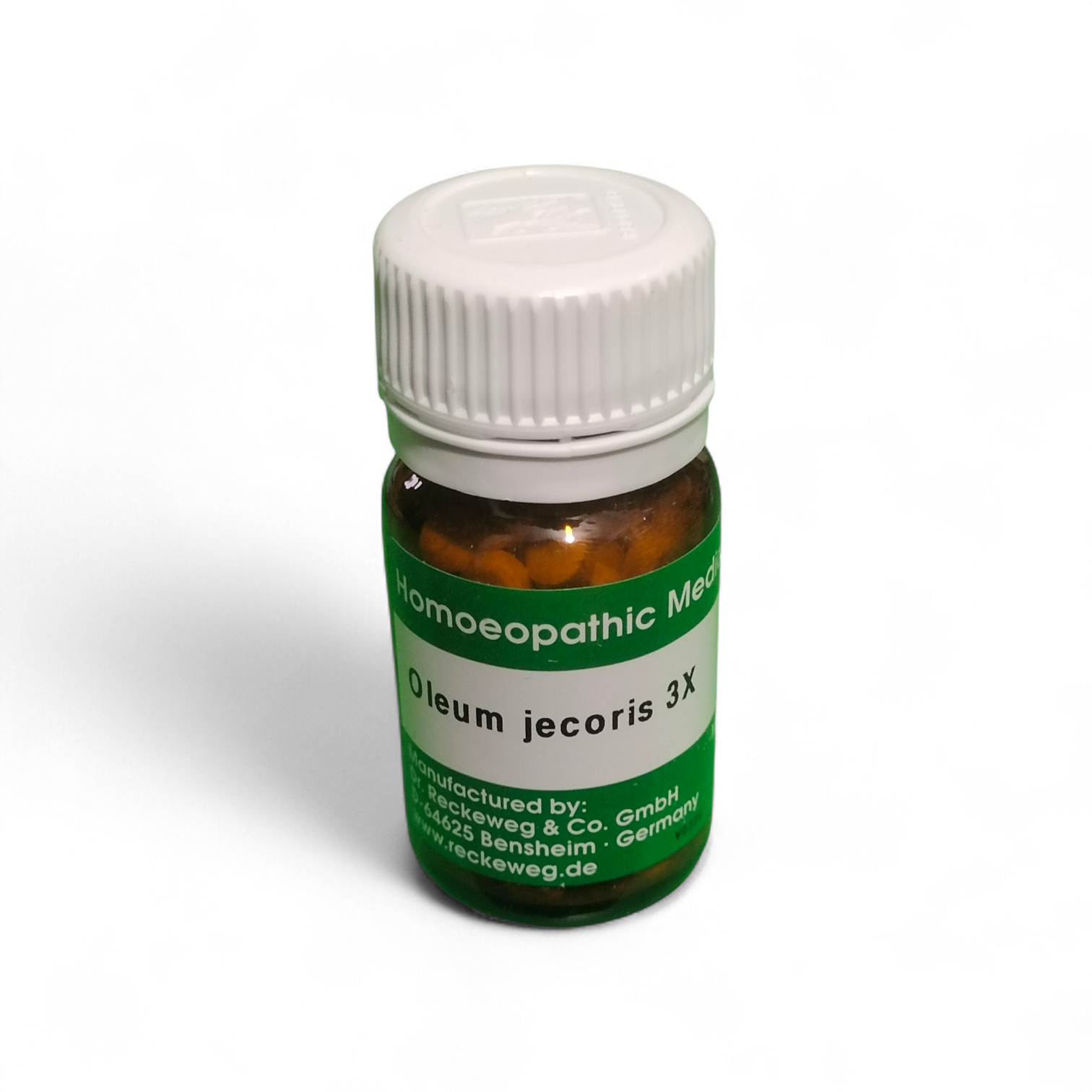 Bottle of Oleum jecoris 3X homeopathic medicine on a white background