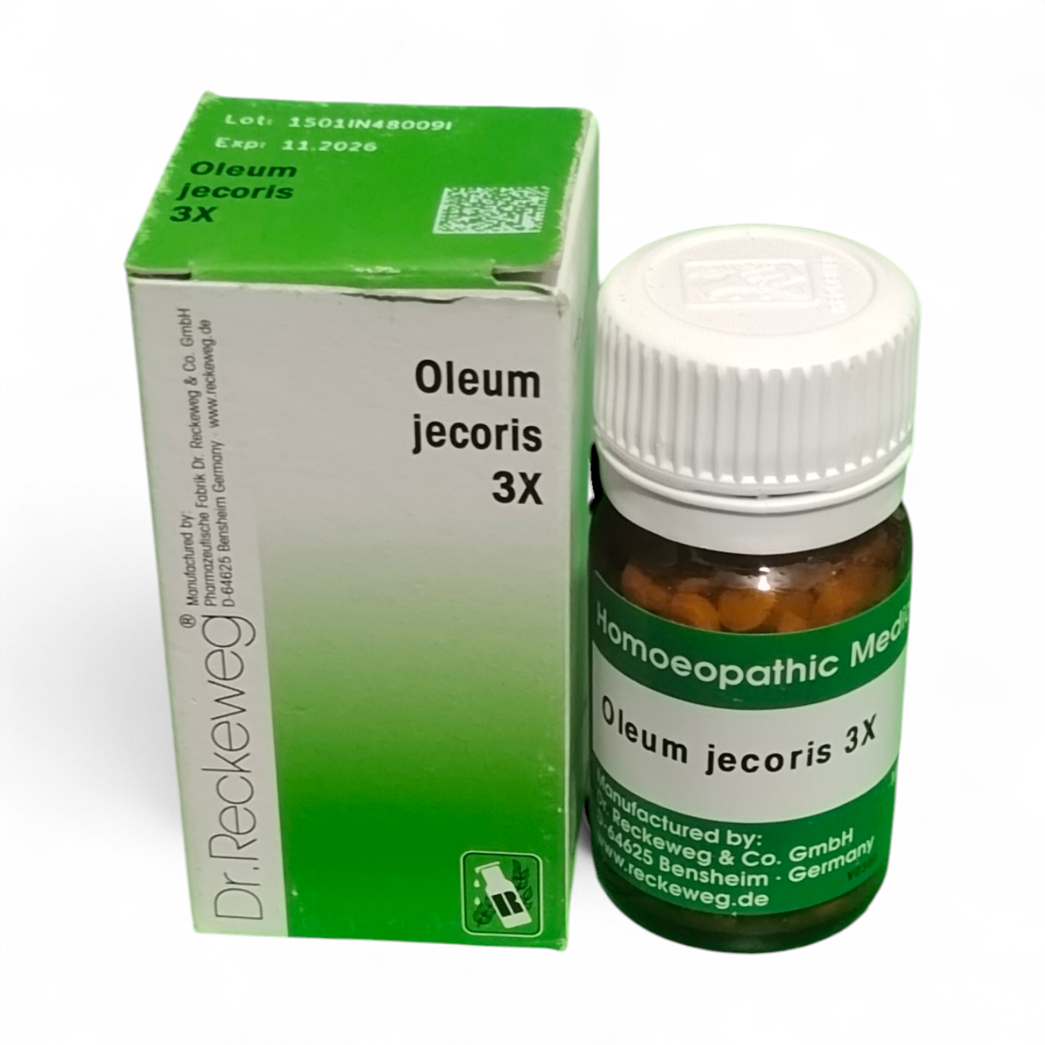 Dr. Reckeweg Oleum jecoris 3X bottle and packaging on a white background