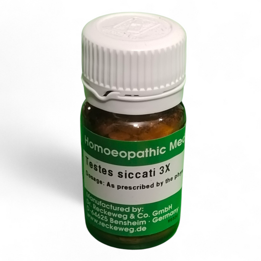 Homoeopathic medicine bottle with green label and white cap on a white background