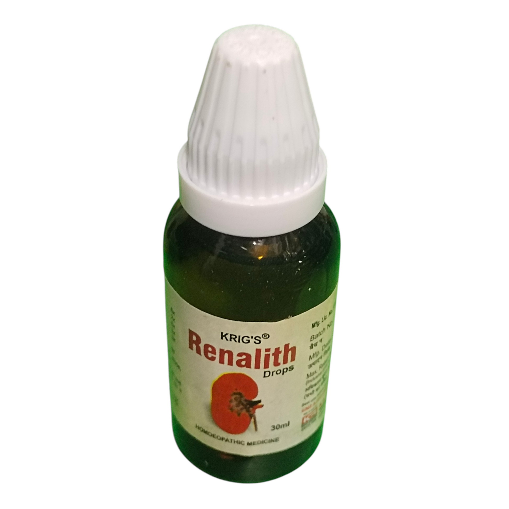 Bottle of Krig's Renalith Drops on a white background