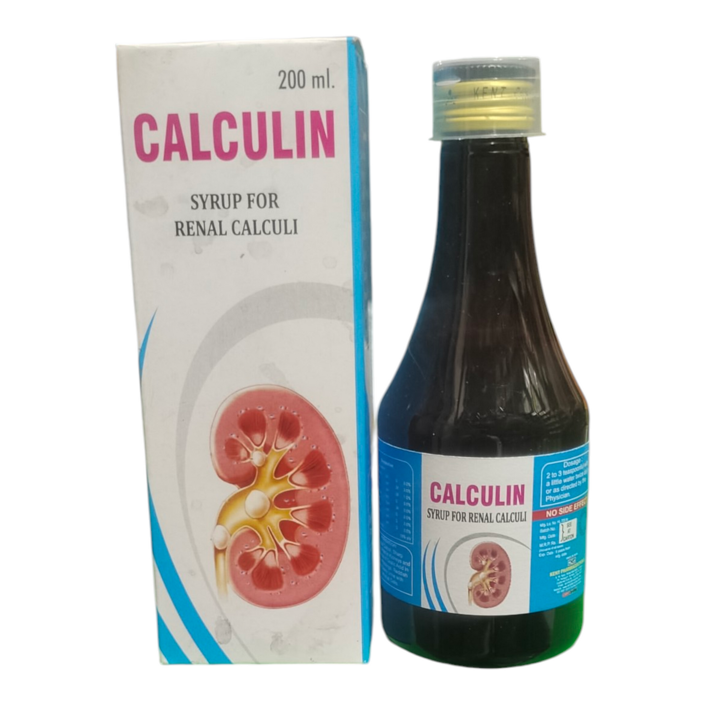 Calculin syrup for renal calculi with packaging on a white background