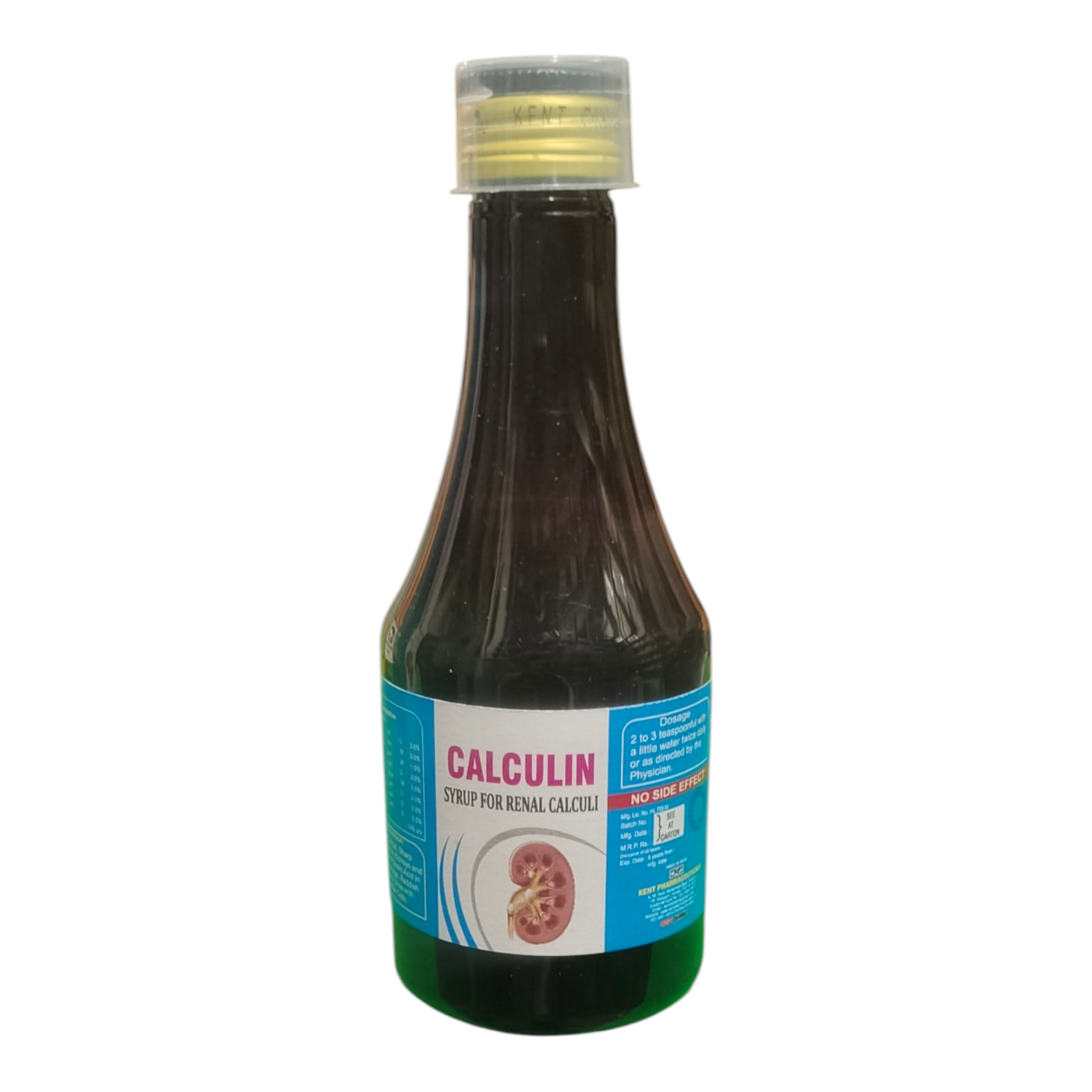 Bottle of Calculin syrup for renal calculi on a white background