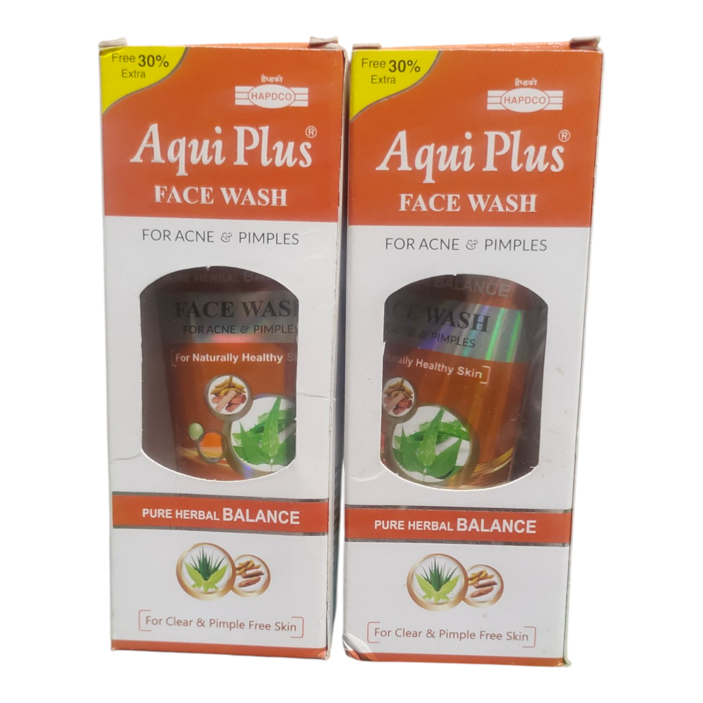 Two boxes of Aqui Plus Face Wash for acne and pimples on a white background