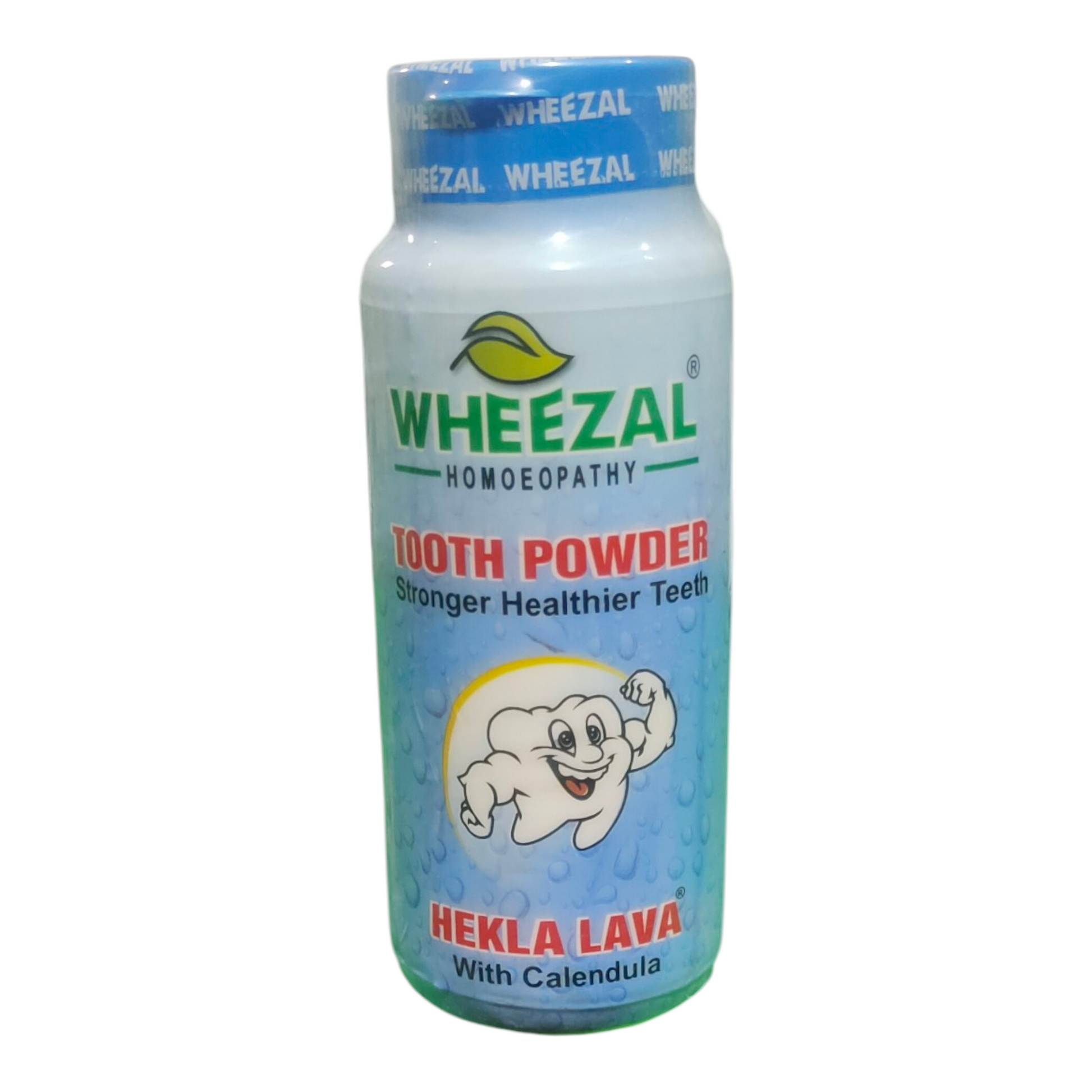 Wheezal tooth powder bottle on a white background