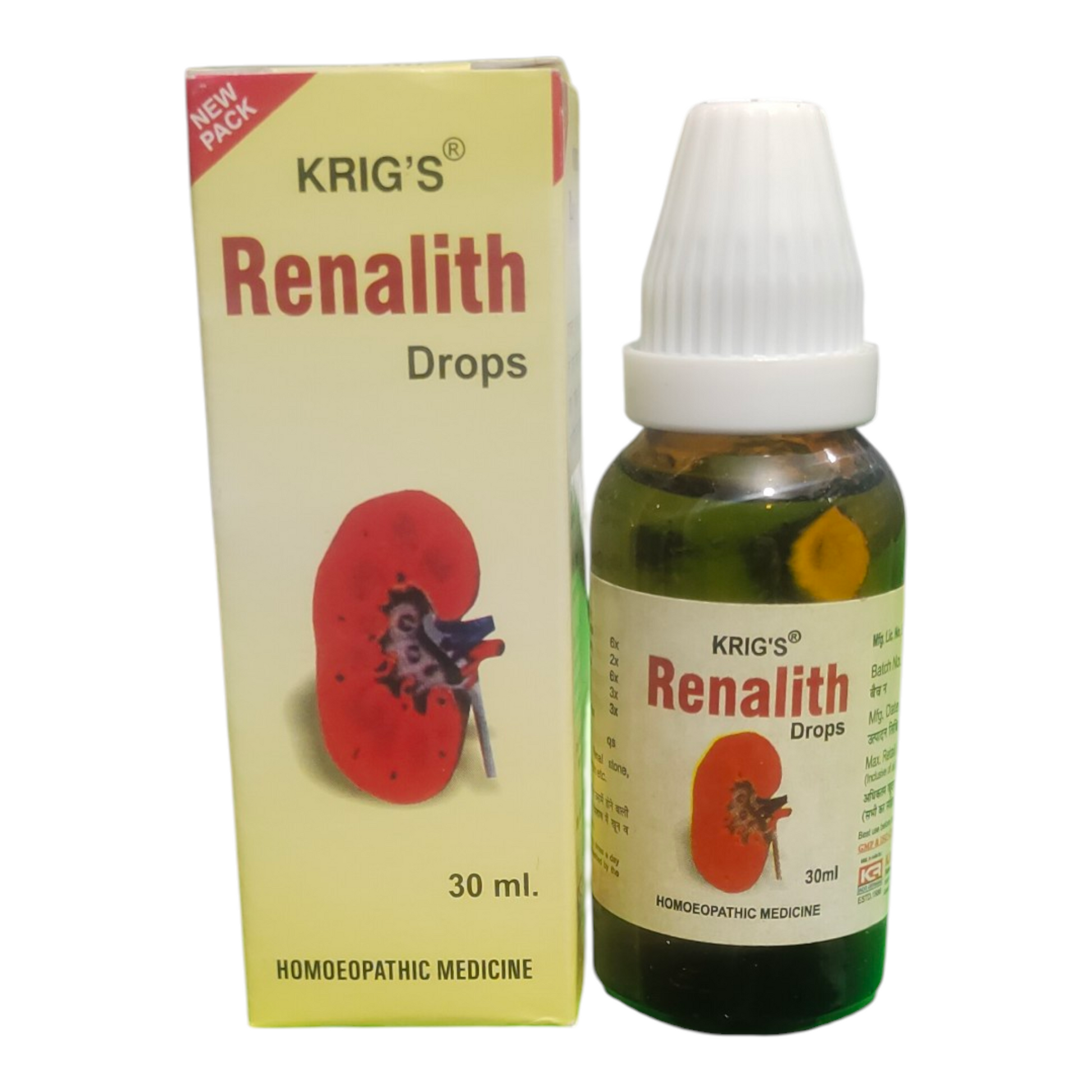 Krig's Renalith Drops packaging and bottle on a white background
