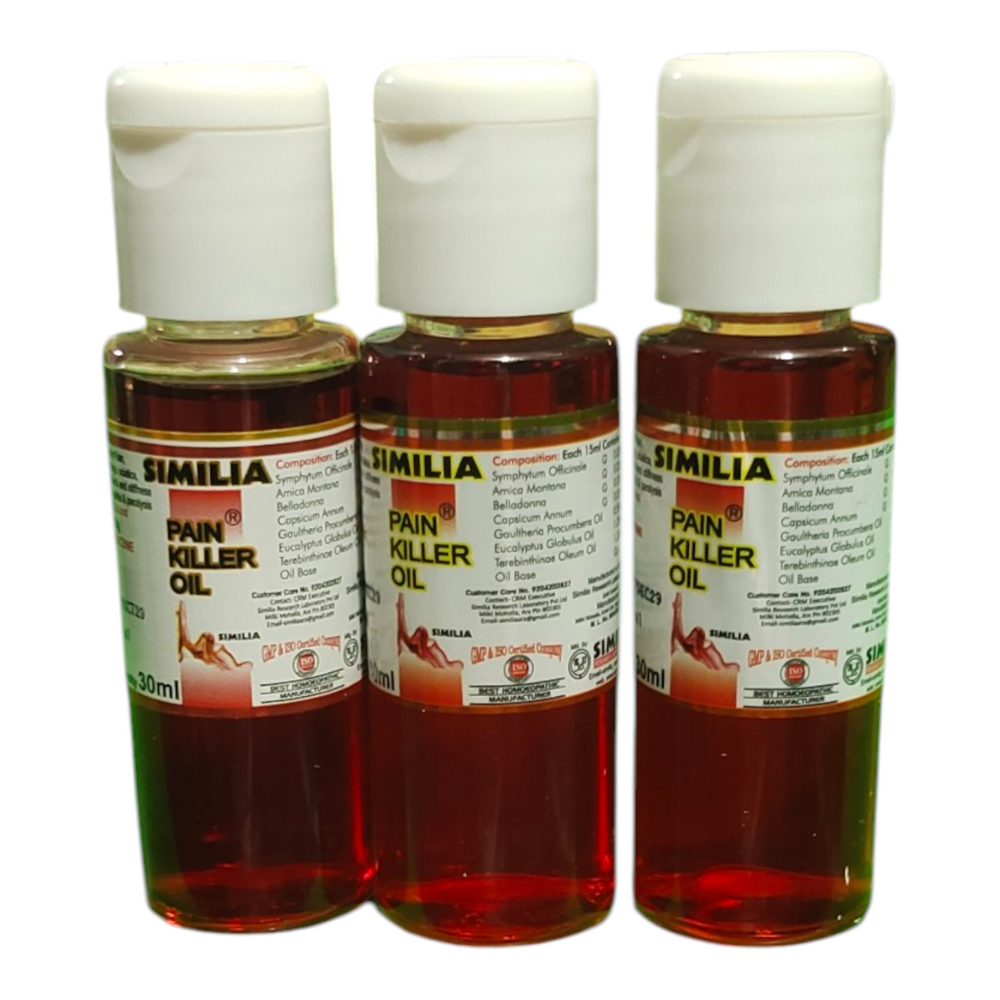 Three bottles of Similia Pain Killer Oil on a white background