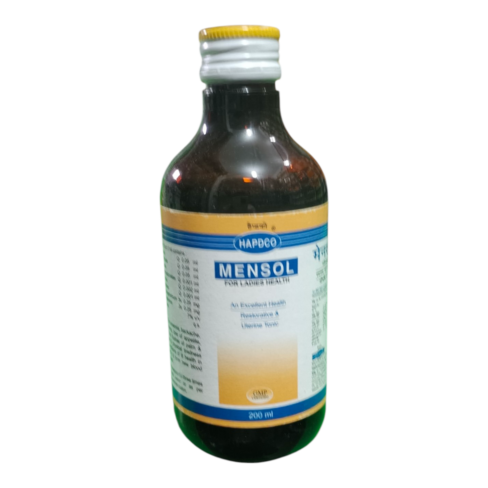 Bottle of Mensol syrup with a white background