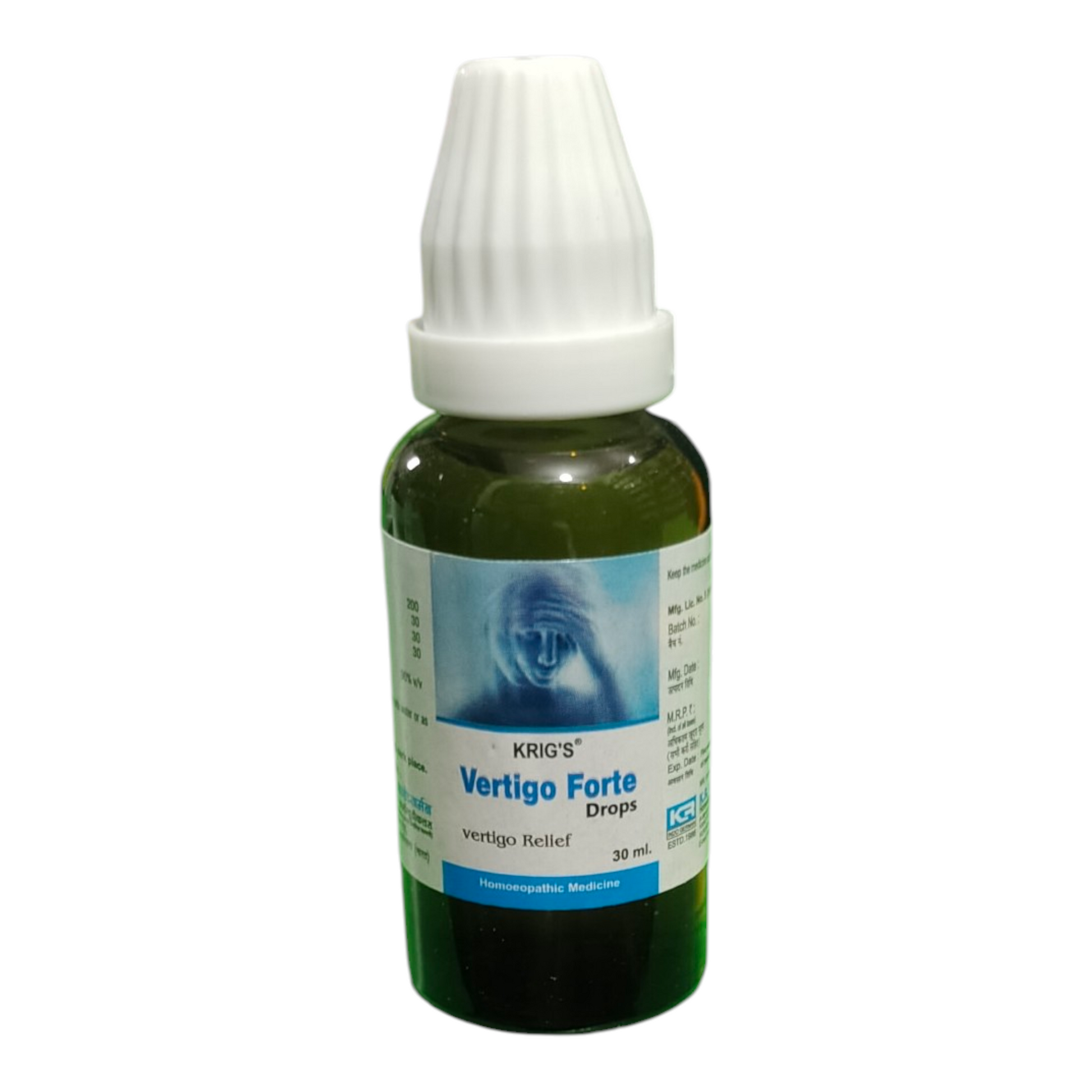 Bottle of Krig's Vertigo Forte Drops on a white background