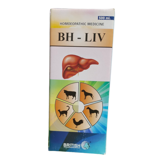 Box of BH-LIV homoeopathic medicine for animals with a liver illustration and British brand logo.
