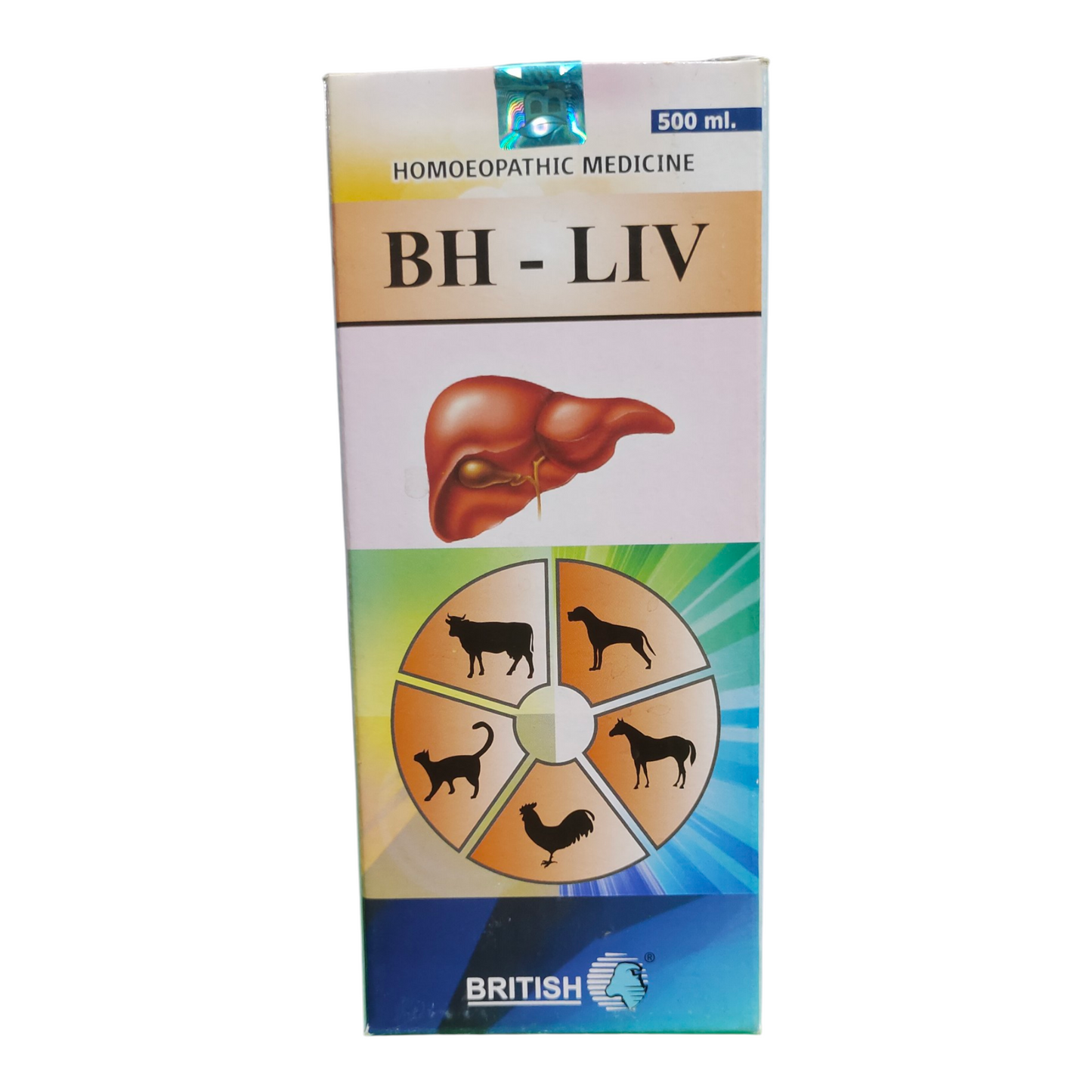 Box of BH-LIV homoeopathic medicine for animals with a liver illustration and British logo.