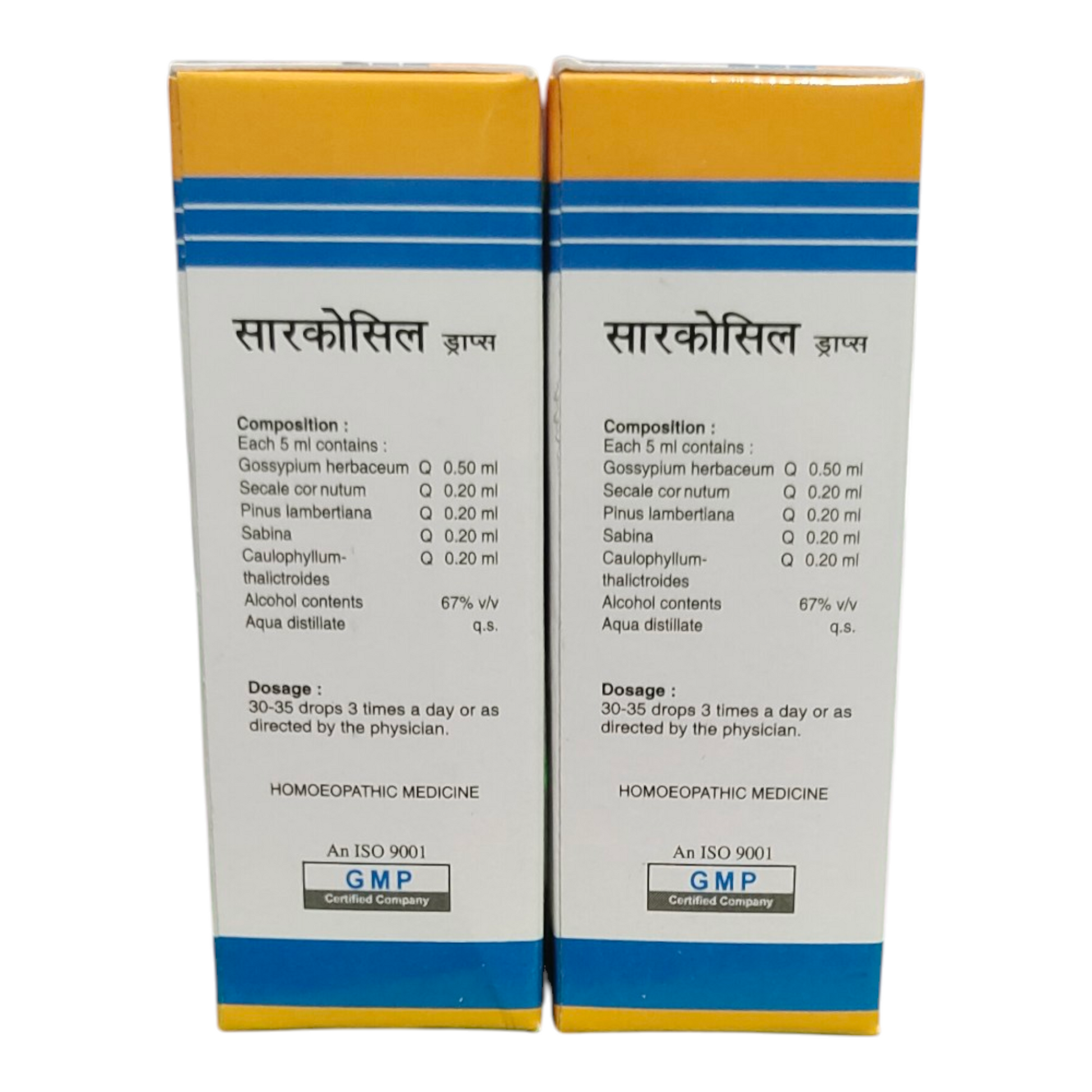 Two boxes of a homeopathic medicine with text and GMP certification logos on a white background.