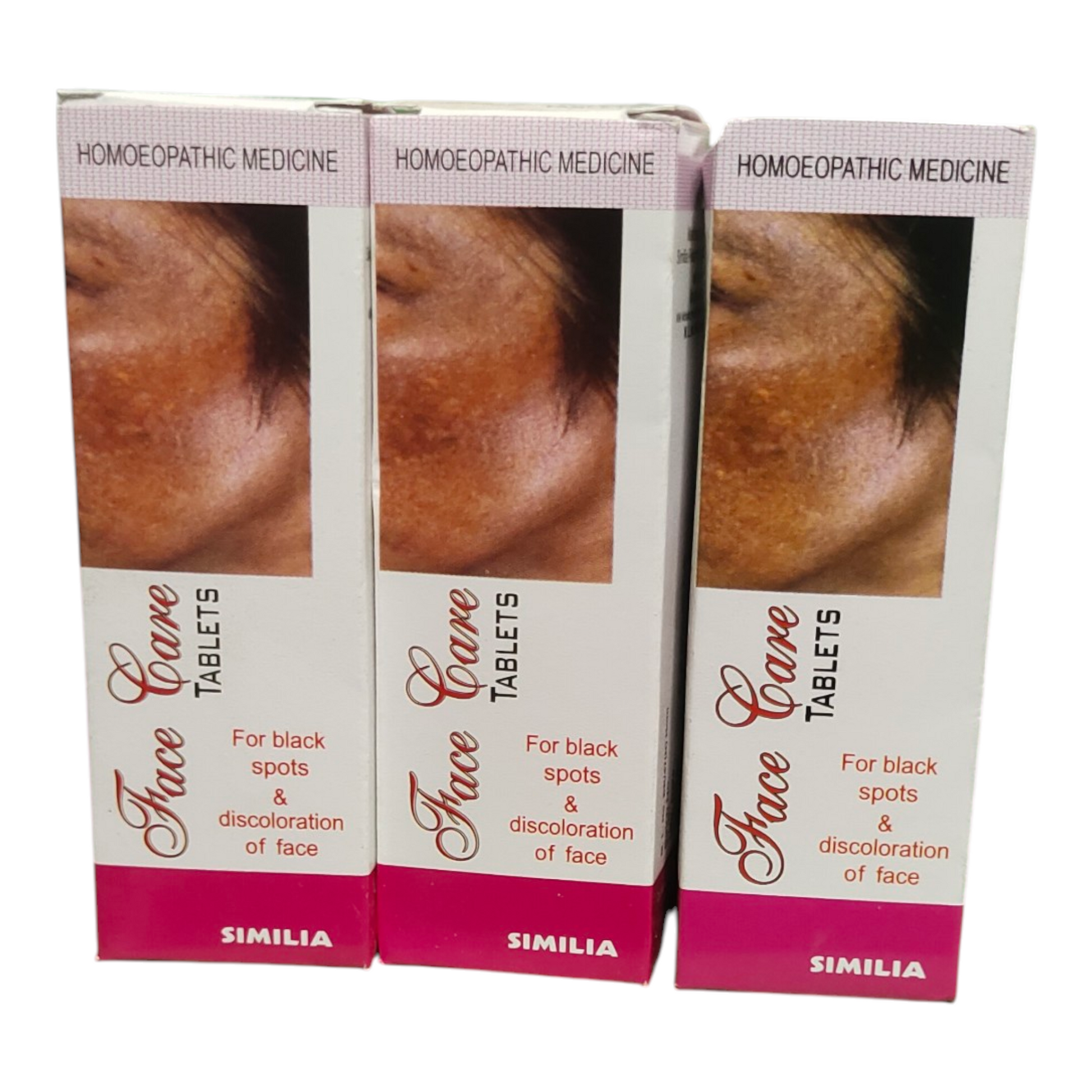 Three boxes of Similia Face Care Tablets for black spots and discoloration of face on a white background.