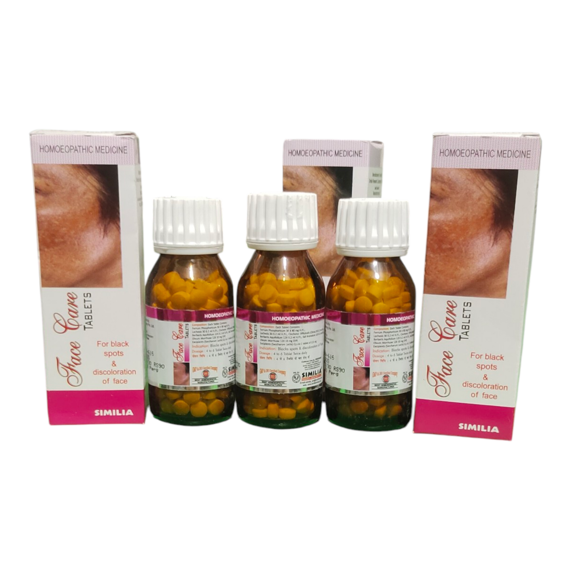 Three bottles of Similia Face Care tablets with their packaging on a white background