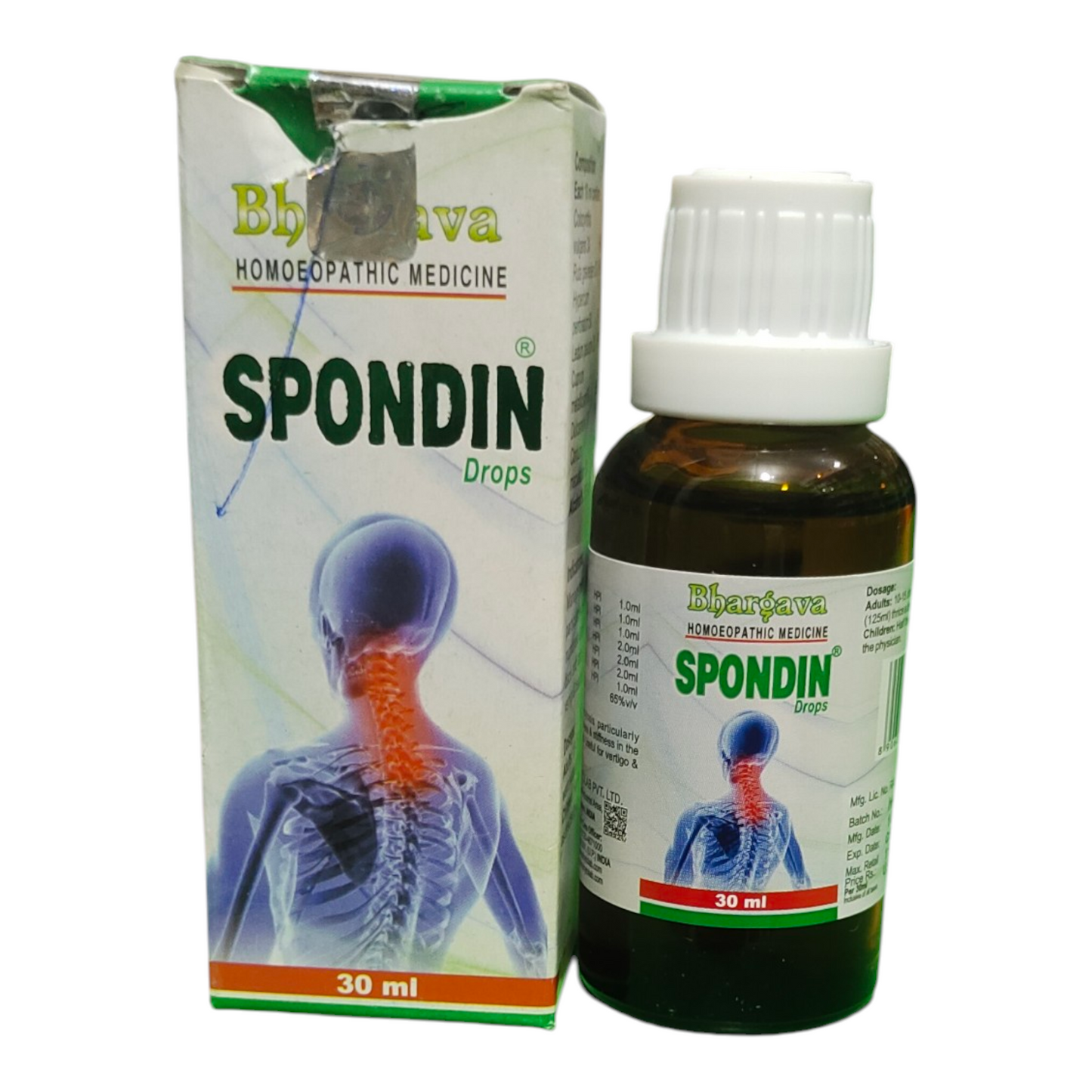 Spondin drops bottle and packaging on a white background