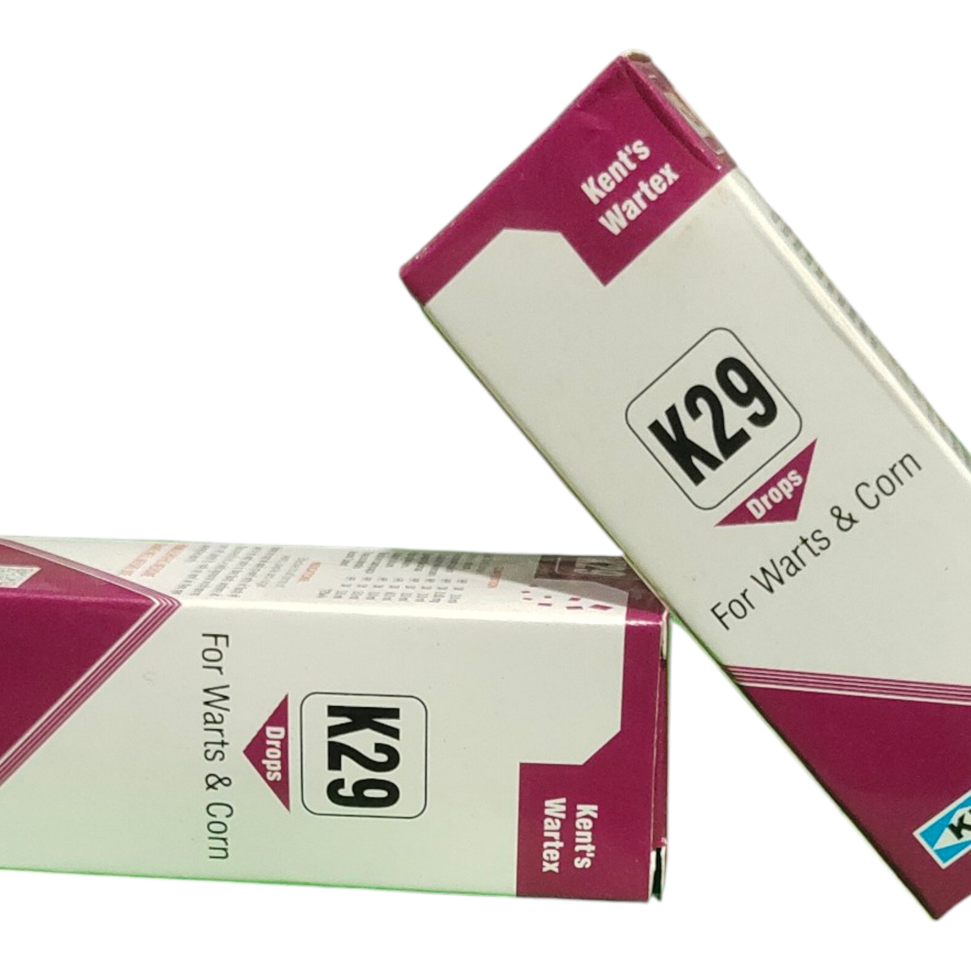 Two boxes of K29 drops for warts and corns by Kent's Wartex on a white background