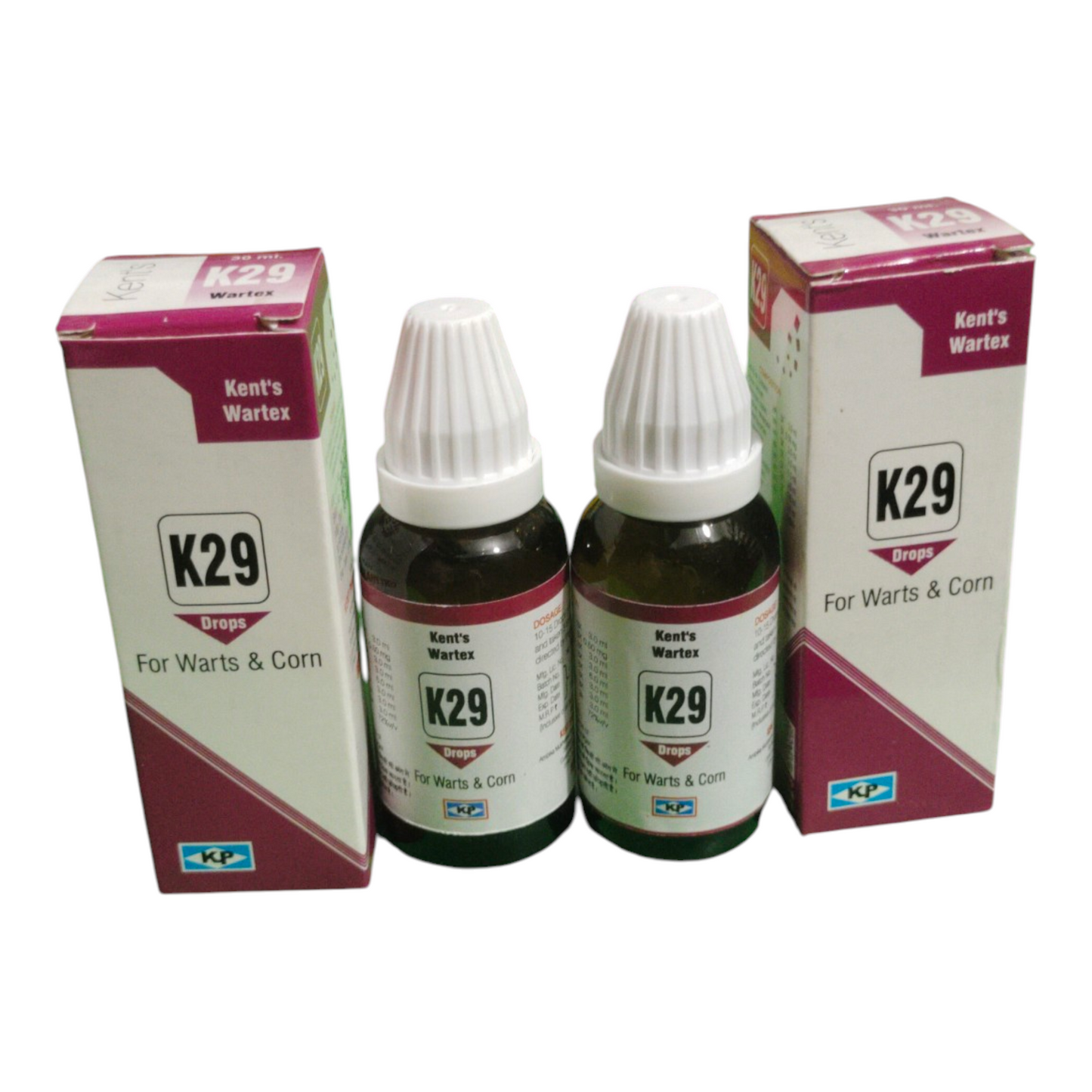 Two bottles and their boxes of K29 drops for warts and corn on a white background