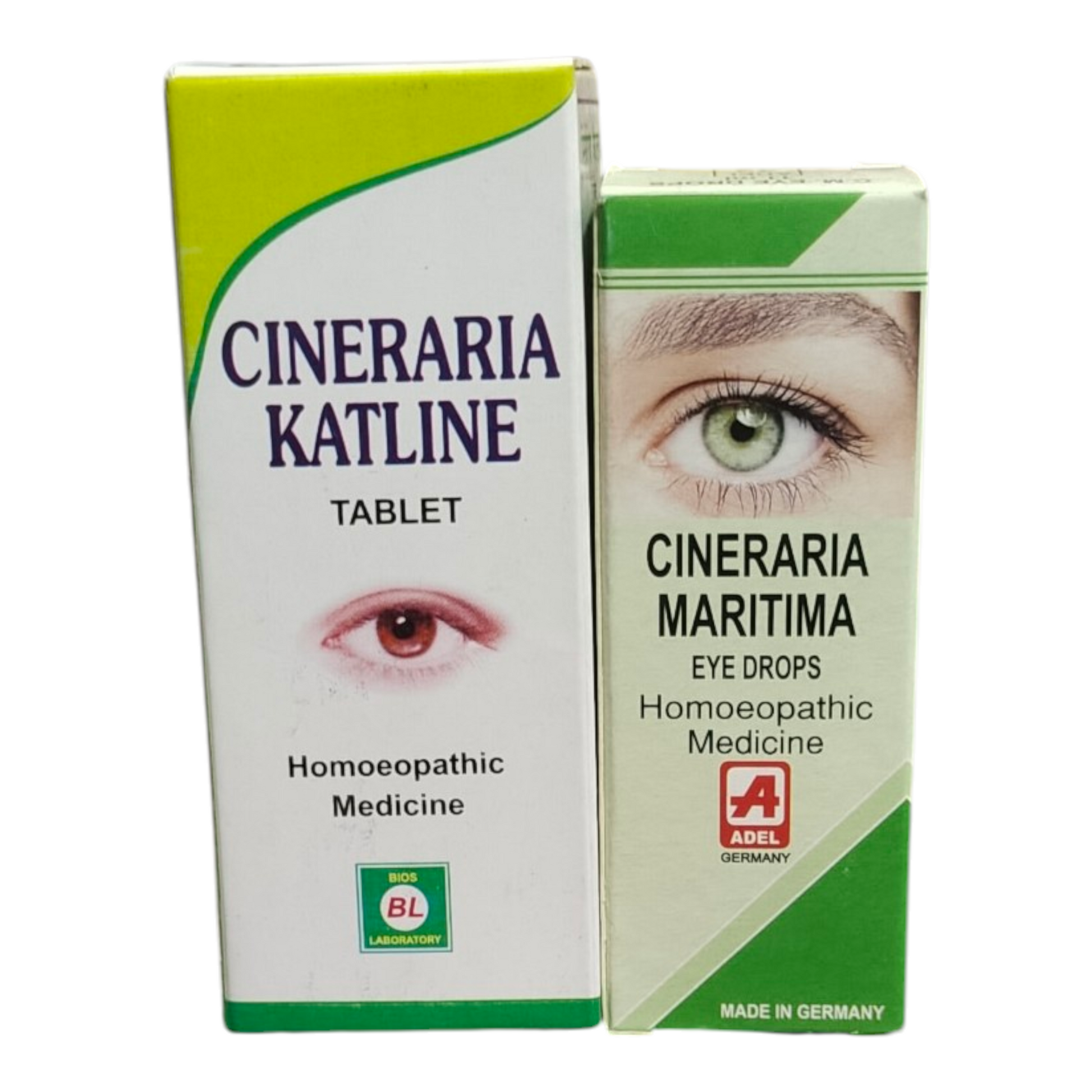 Two boxes of Cineraria Katline and Cineraria Maritima eye products on a white background