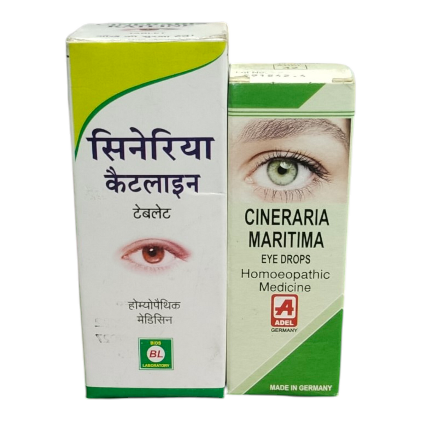Two boxes of Cineraria Maritima eye drops with eye illustrations on a white background