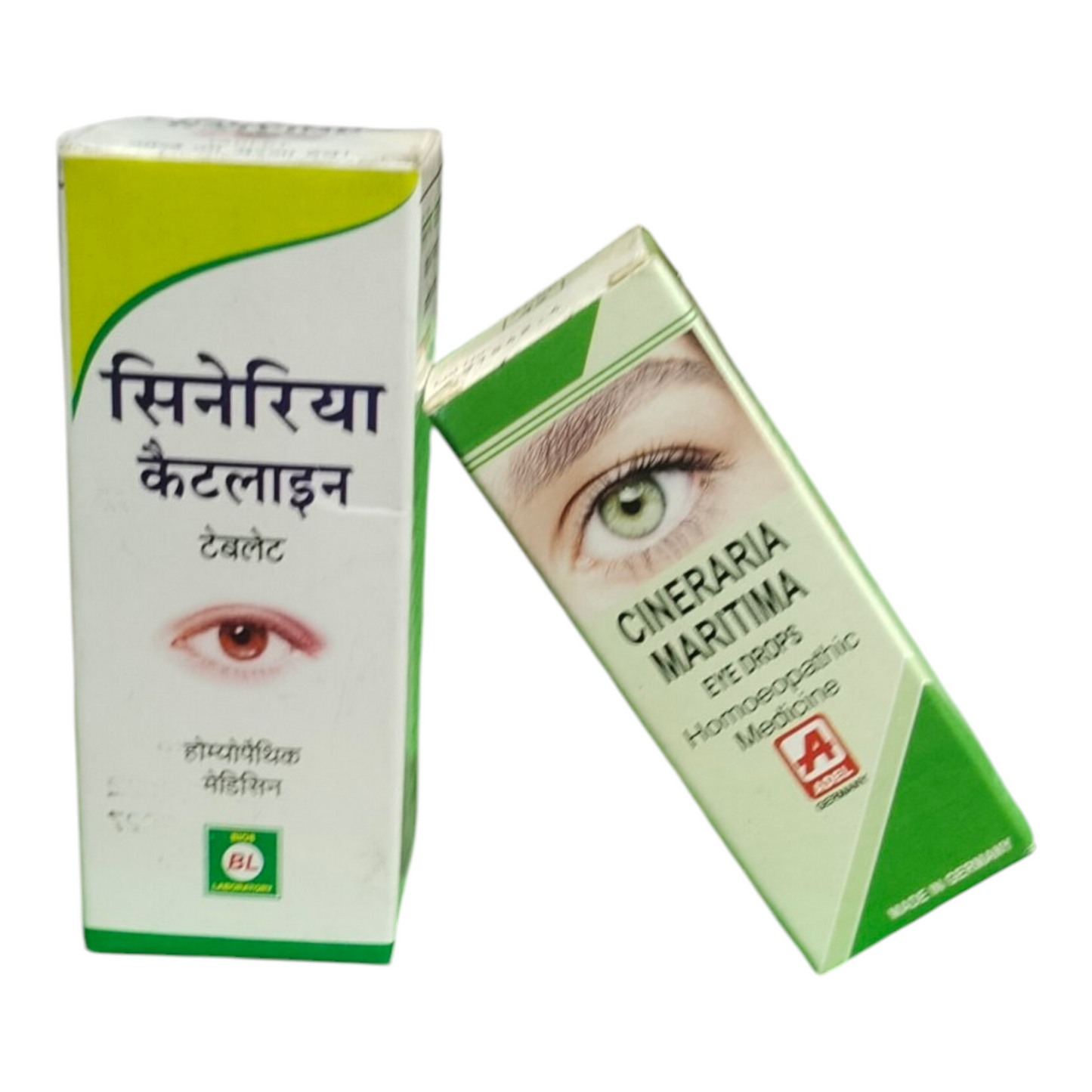Two boxes of Cineraria Maritima eye drops with eye imagery on a white background