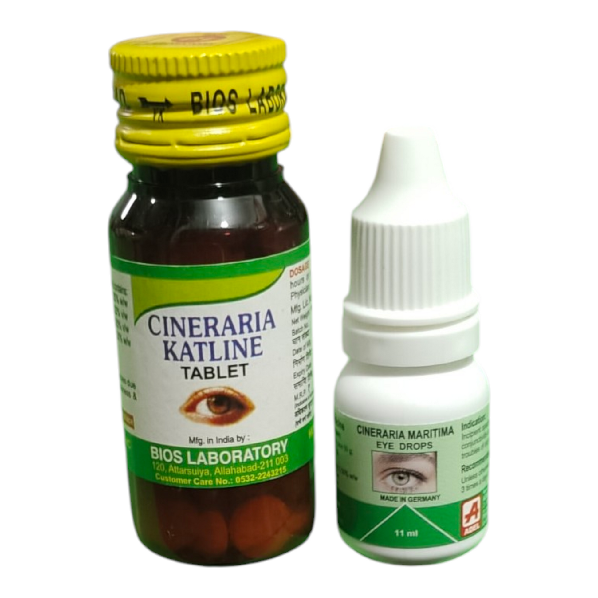 Two bottles of Cineraria Katline tablets and eye drops on a white background