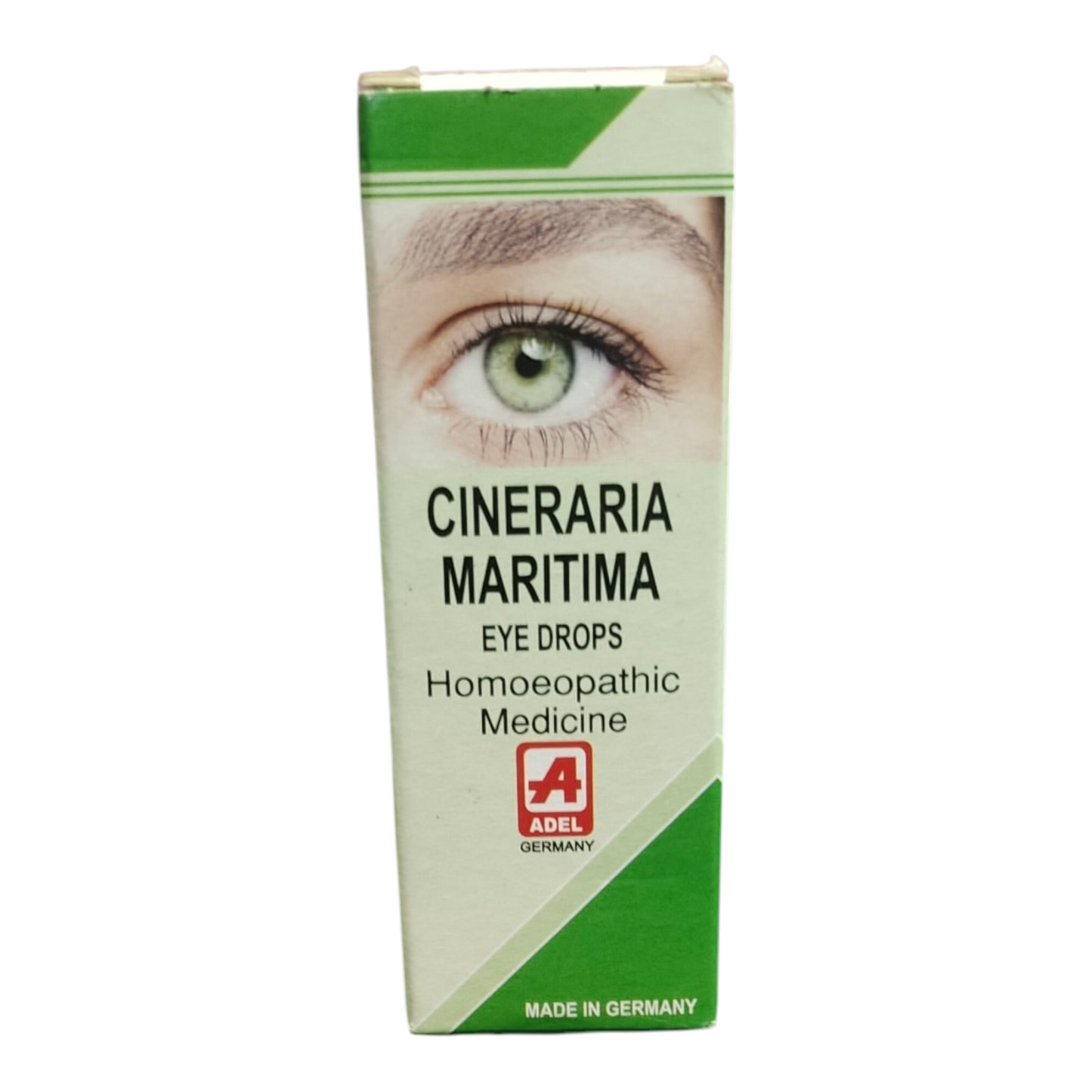 Cineraria Maritima eye drops packaging with a green and white design featuring an eye.