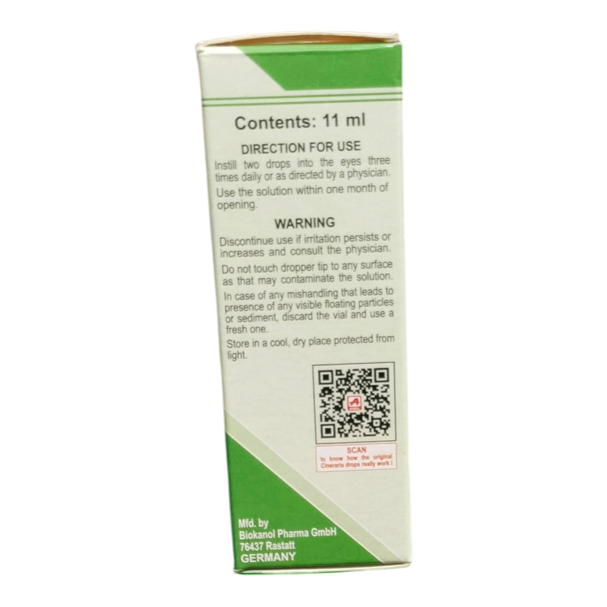 Medication dropper box with green and white design on a white background