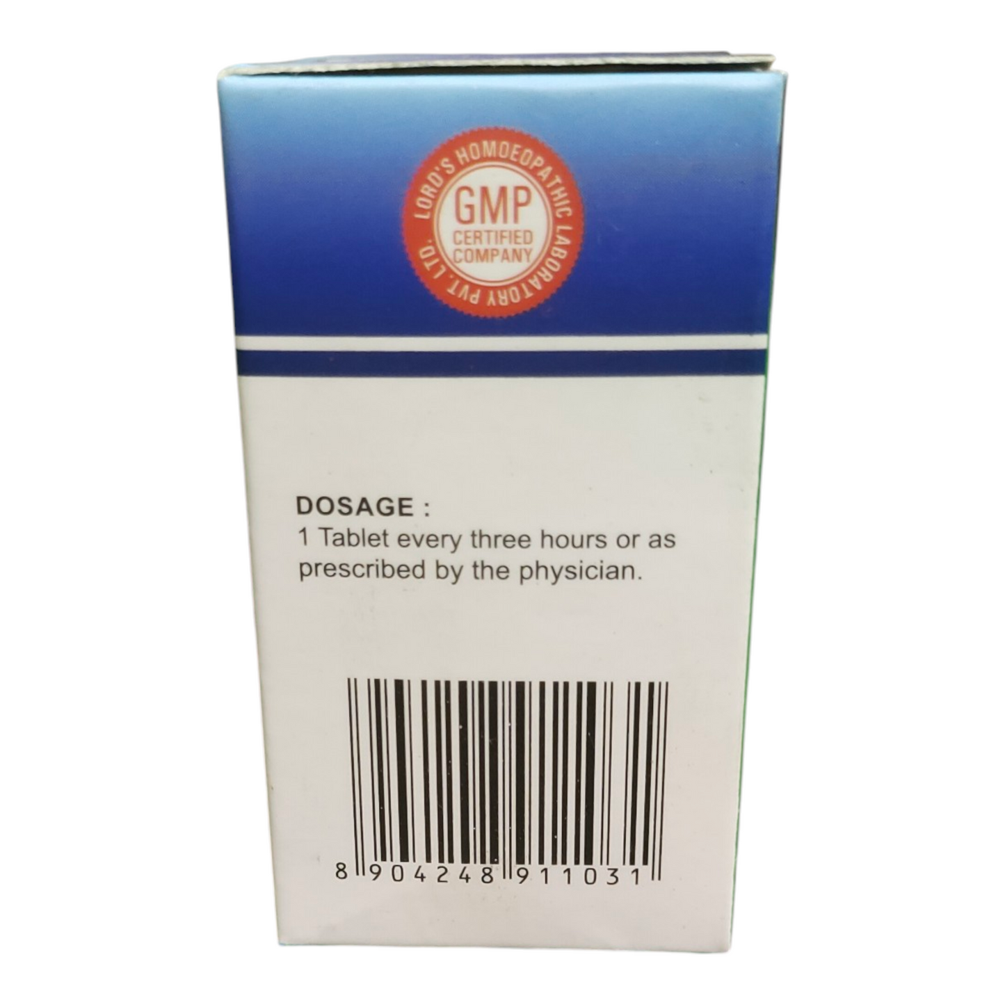 Box with GMP certification label and dosage instructions on a white background