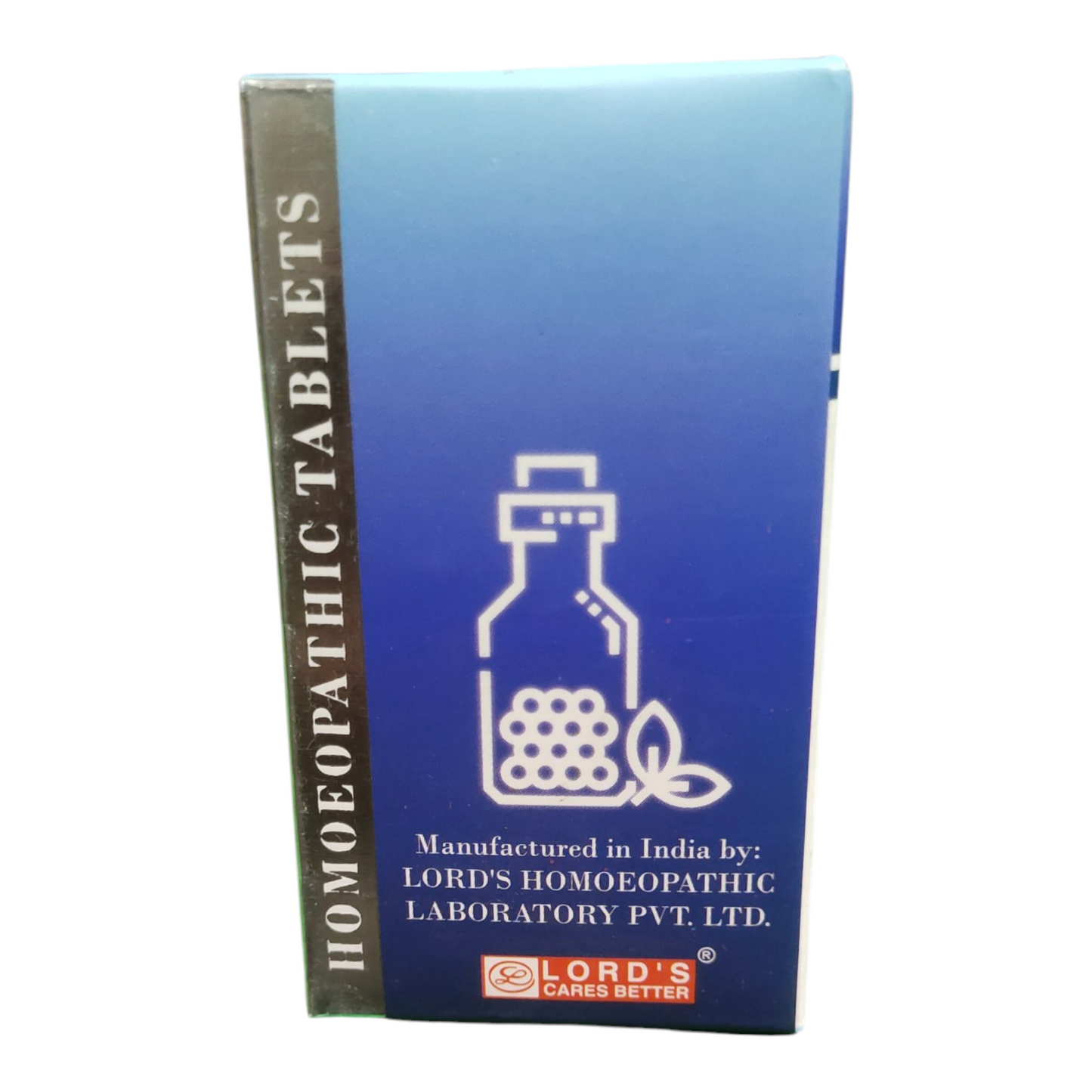 Blue box of homoeopathic tablets with Lord's Homoeopathic Laboratory branding on a white background