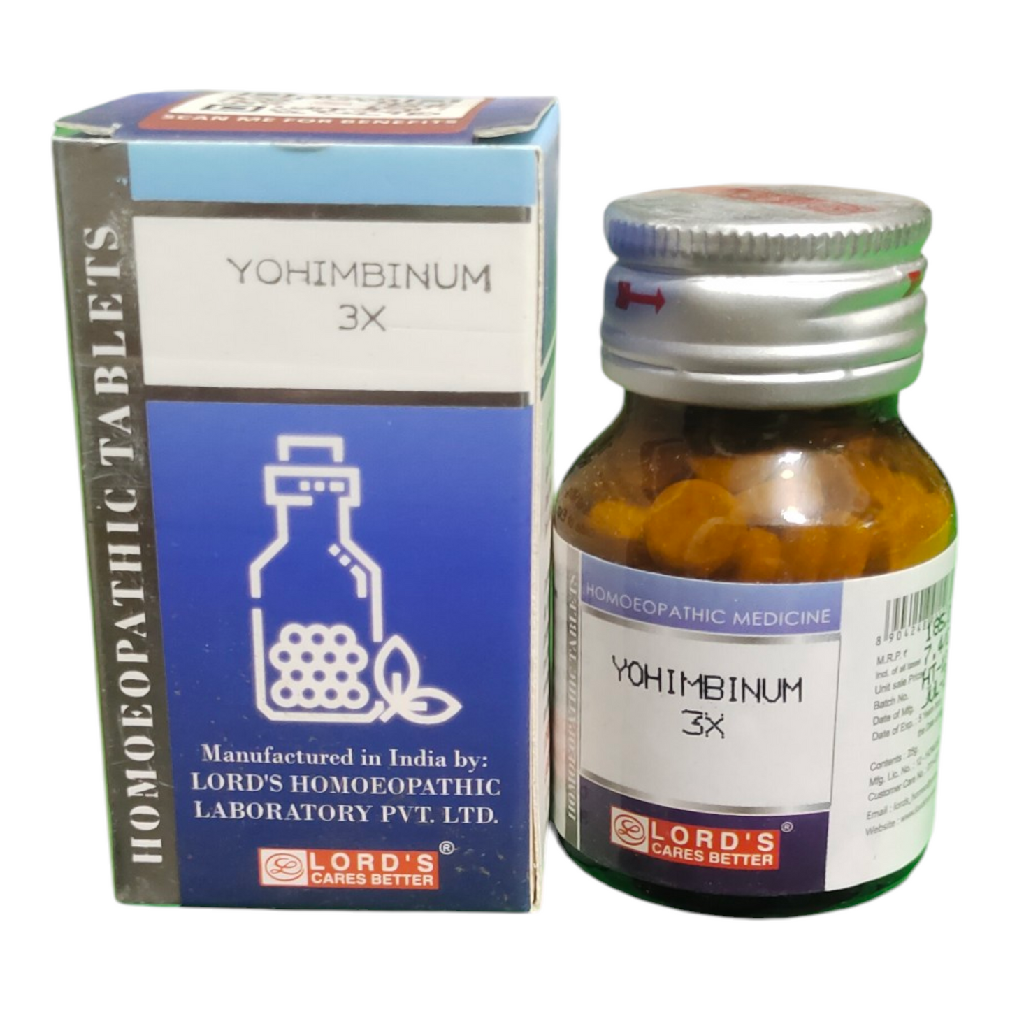 Bottle and box of Yohimbinum 3x homeopathic medicine from Lord's Homeopathic Laboratory.