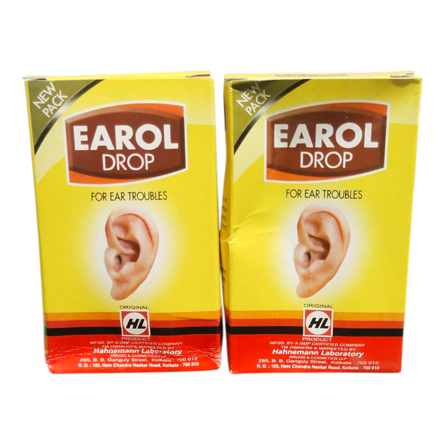 Two boxes of Earol Drop for ear troubles on a white background