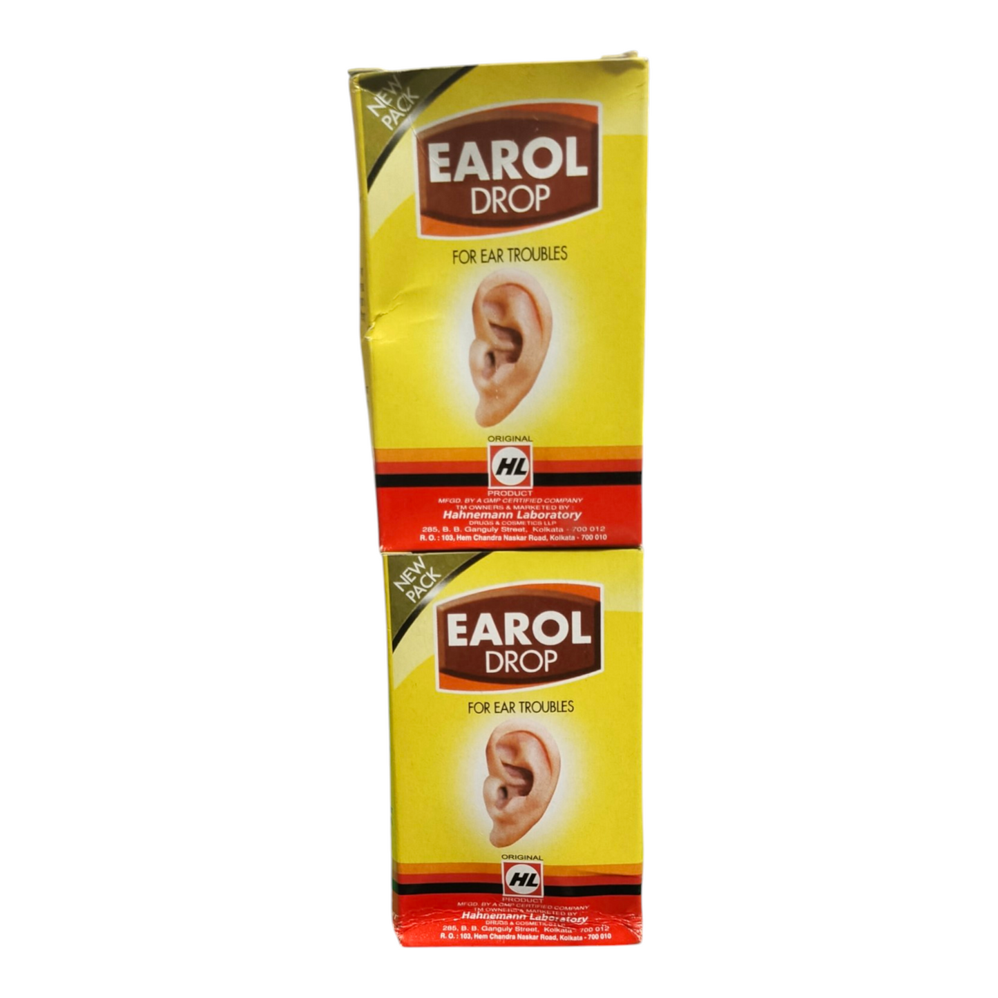 Two packages of Earol Drop for ear troubles on a white background