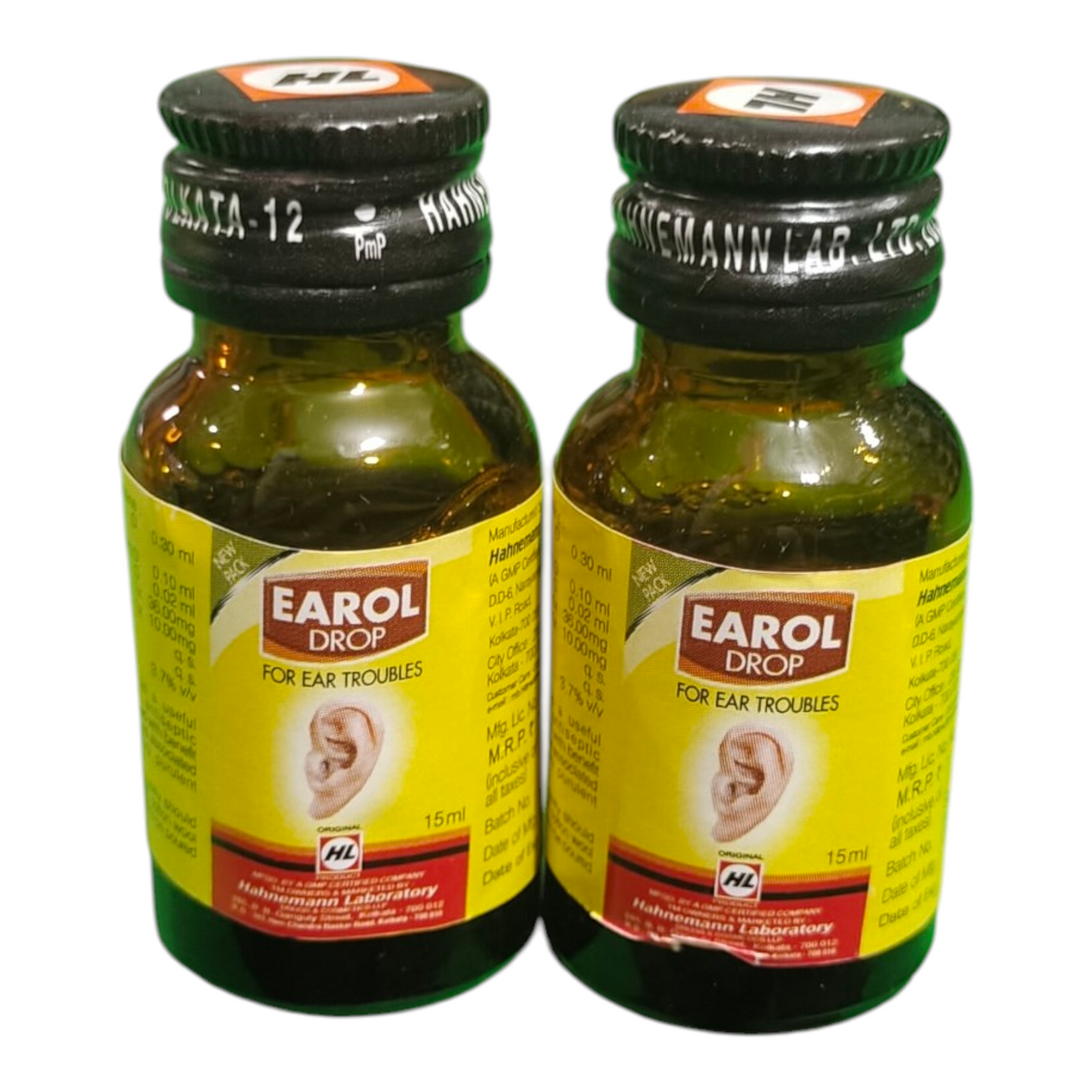 Two bottles of Earol Drop for ear troubles on a white background
