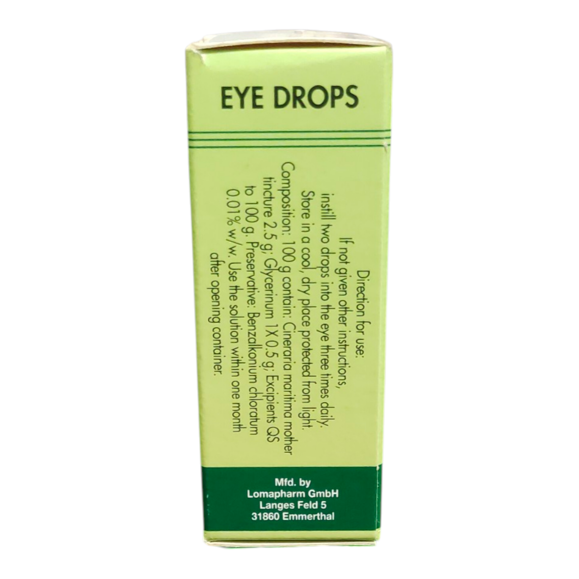 Green box of eye drops with text on a white background