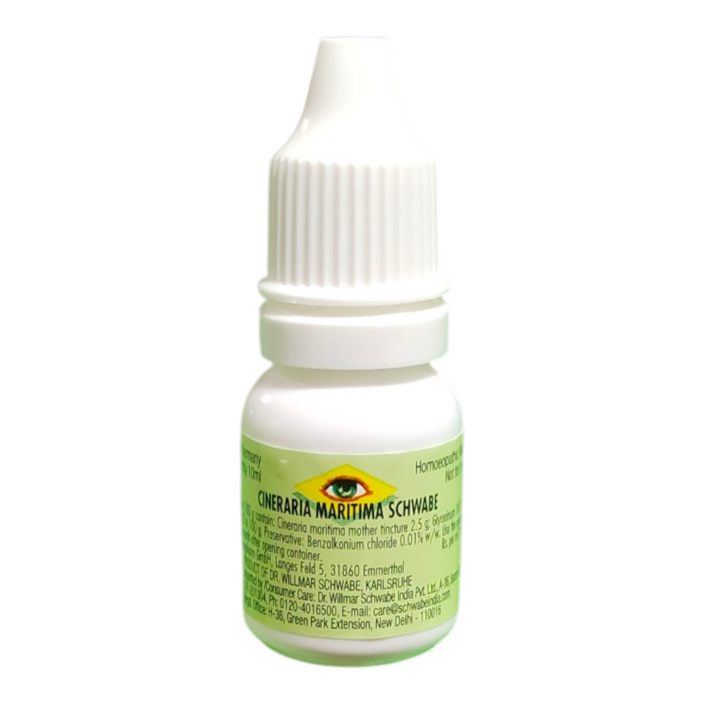 Small white bottle with a green label on a white background