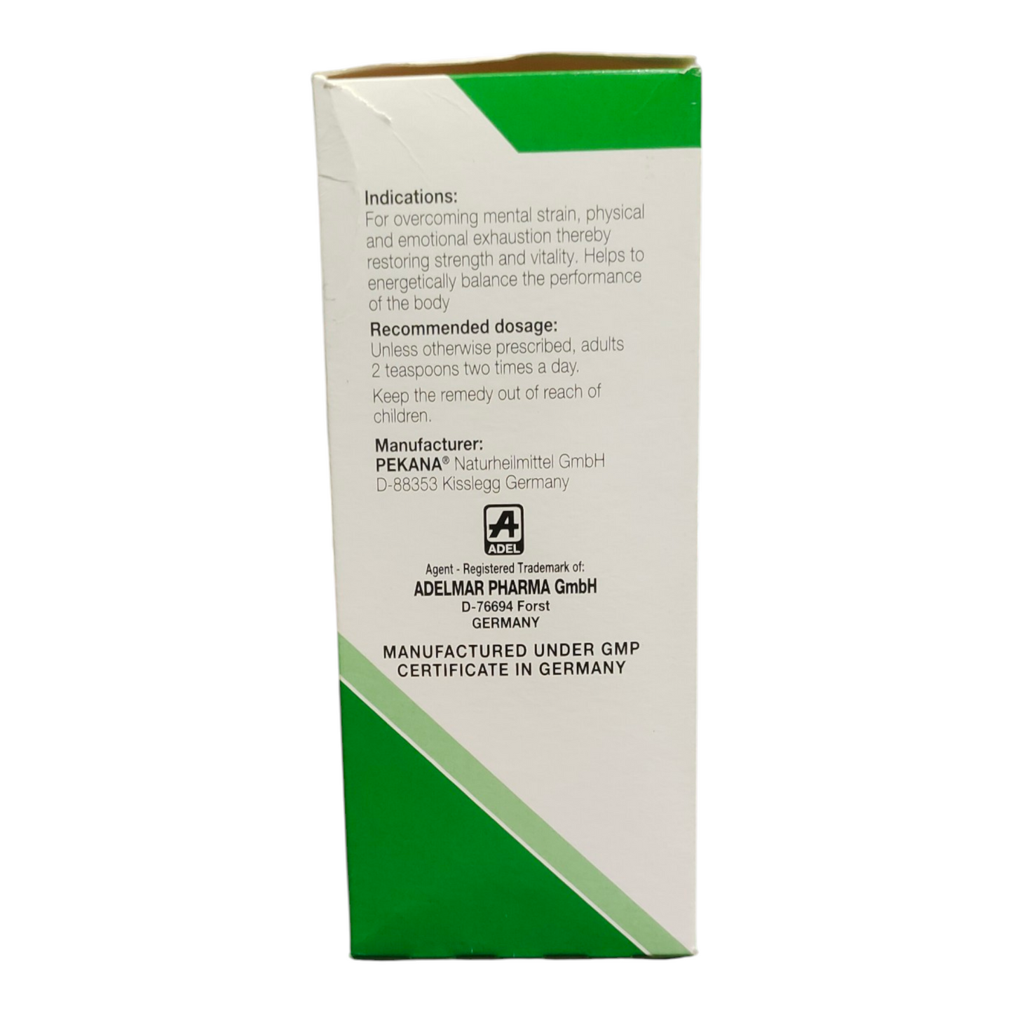 Pekana natural remedy packaging with green and white design on a white background