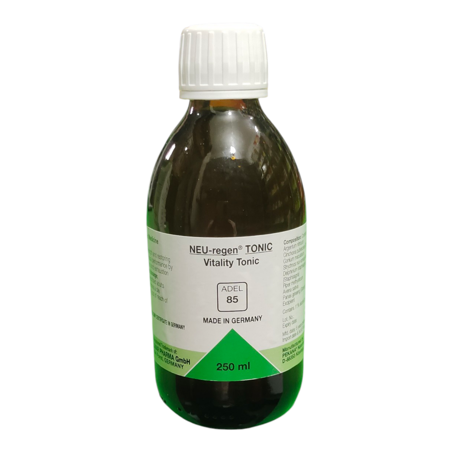 Bottle of NEU-regen Tonic Vitality Tonic with a white cap on a white background