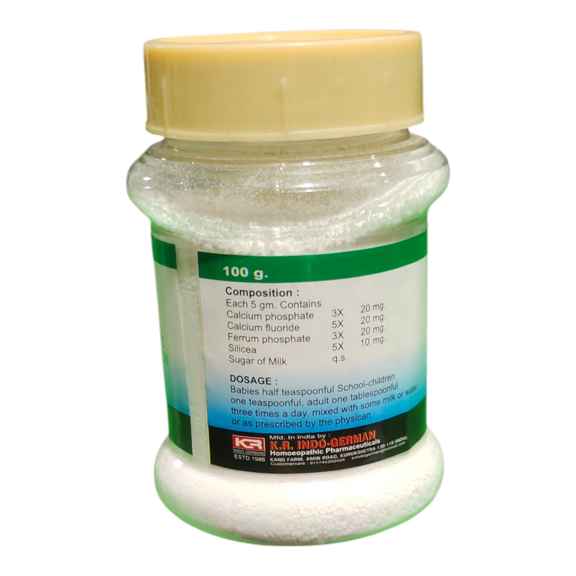 Jar of white powder with a beige lid on a white background