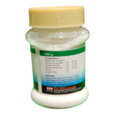 Jar of white powder with a beige lid on a white background