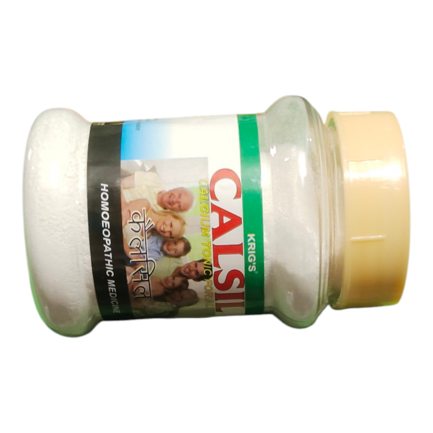 Jar of Calsi with a visible brand label on a white background